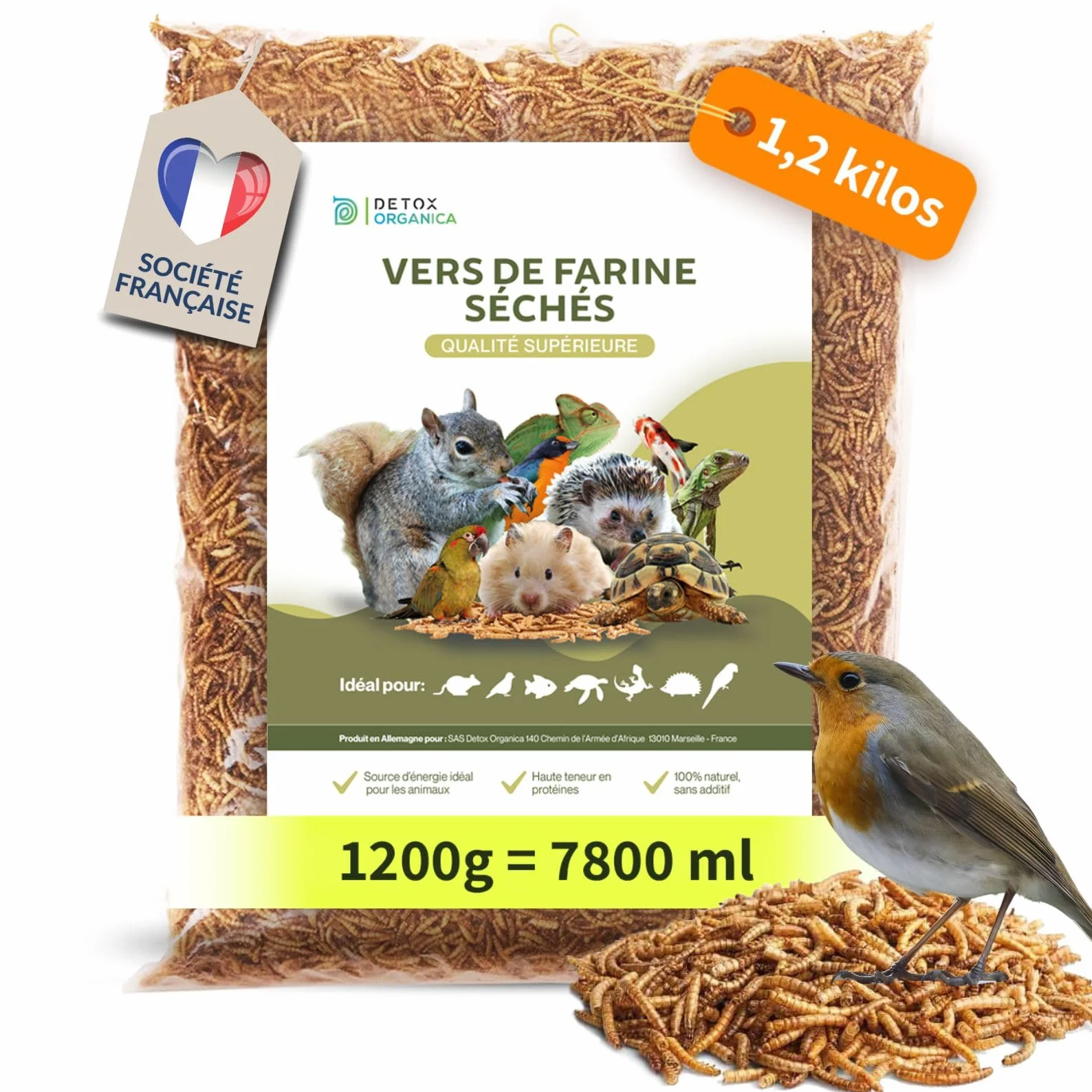 Detox Organica vers de Farine Séchés 1.2 kg 1200 g Friandise Oiseaux Hérissons Tortues Reptiles Poissons Rongeur Animaux Sauvages
