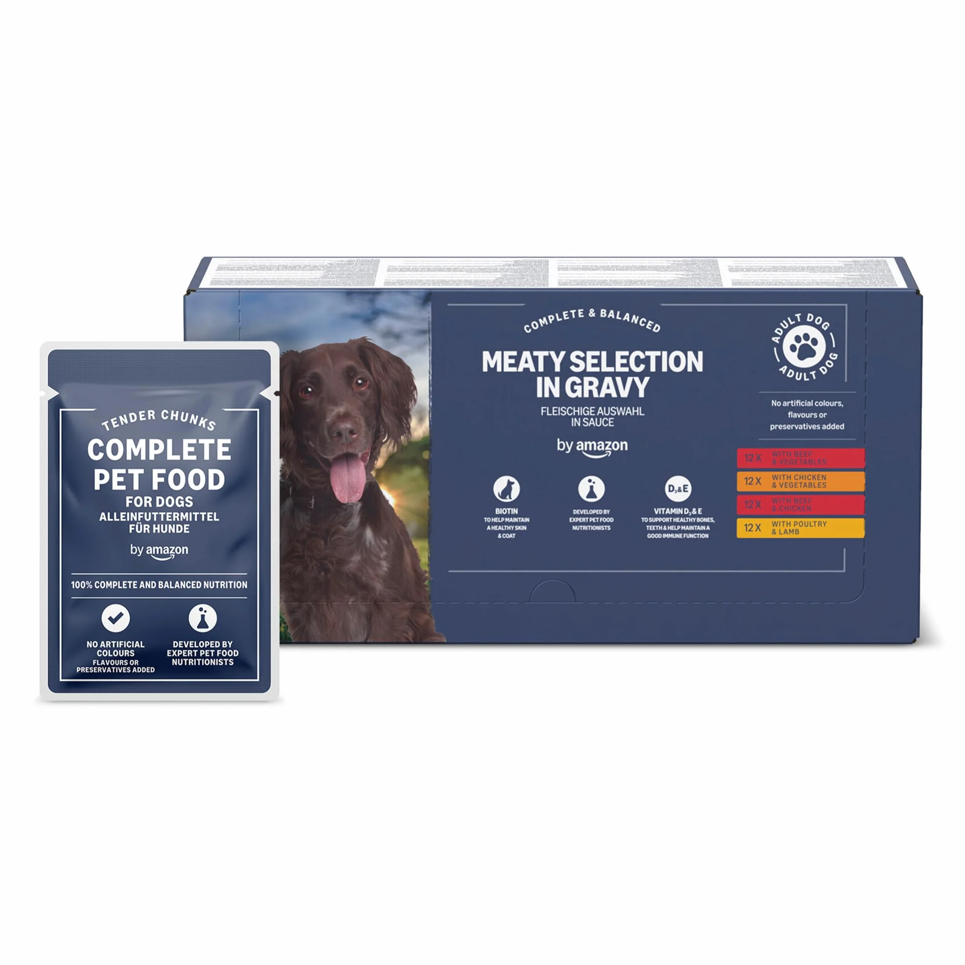 Amazon Aliment Complet pour Chiens Adultes, Sélection à la Viande en Sauce, 4.8 kg, Lot de 48 x 100g