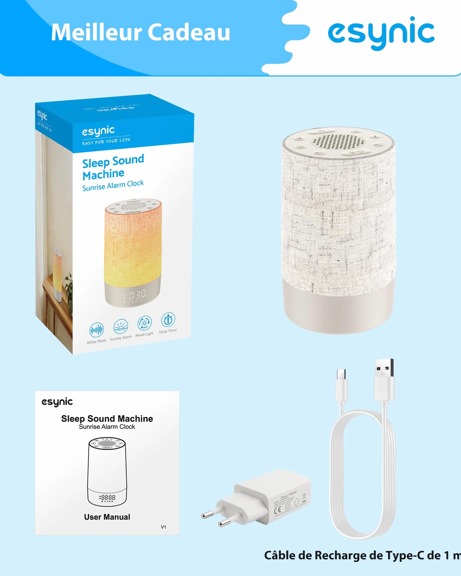 eSynic Réveil Lumineux Simulateur d'Aube 30 Sons Blanc Bruit 10 Couleurs Luminosité Volume Réglable Snooze Minuteur