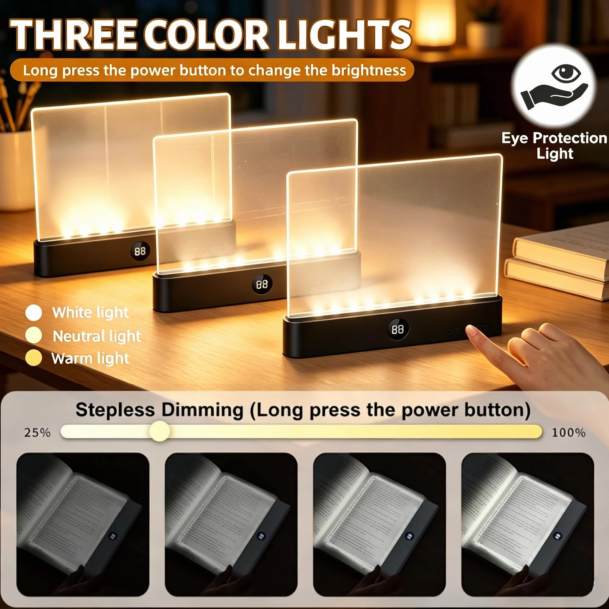 Lampe de Lecture LED Plate Grande Taille Rechargeable avec Minuterie 3 Couleurs de Lumière
