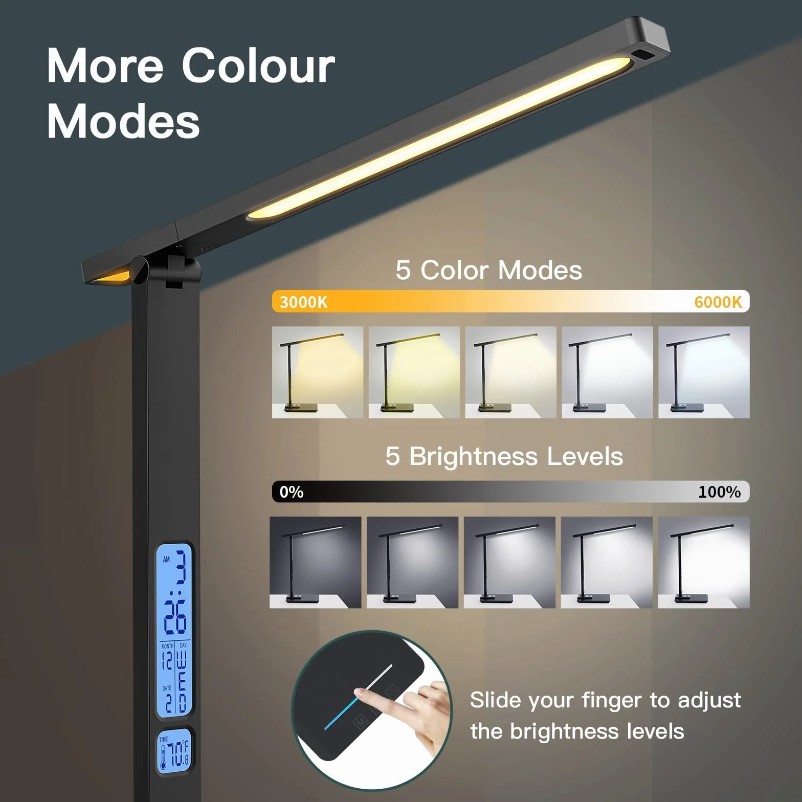 Lampe de Bureau LED Dimmable avec Chargeur Sans Fil 10W, Horloge, Veilleuse, Pliable