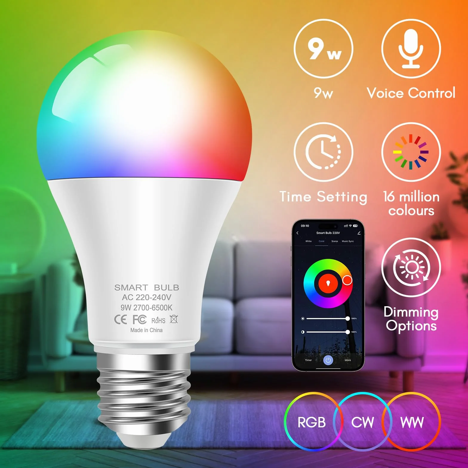 Ampoule Connectée WiFi Dimmable LED E27 Compatible Alexa Google Assistant
