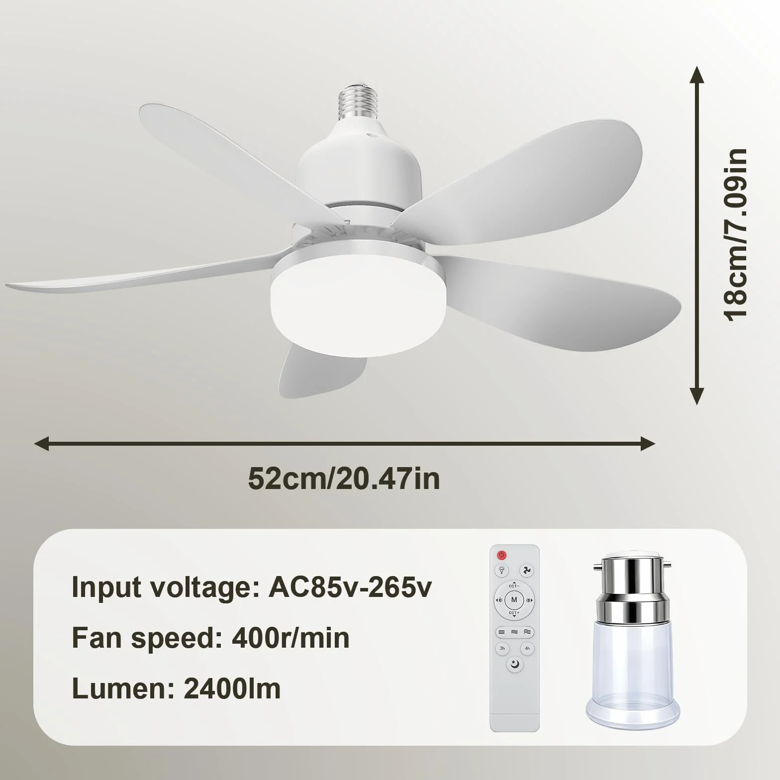 Ventilateur de Plafond 52CM avec Lumière LED E27 et Télécommande, 3 Vitesses 3 Couleurs, Silencieux pour Salon Chambre (Blanc + B22)
