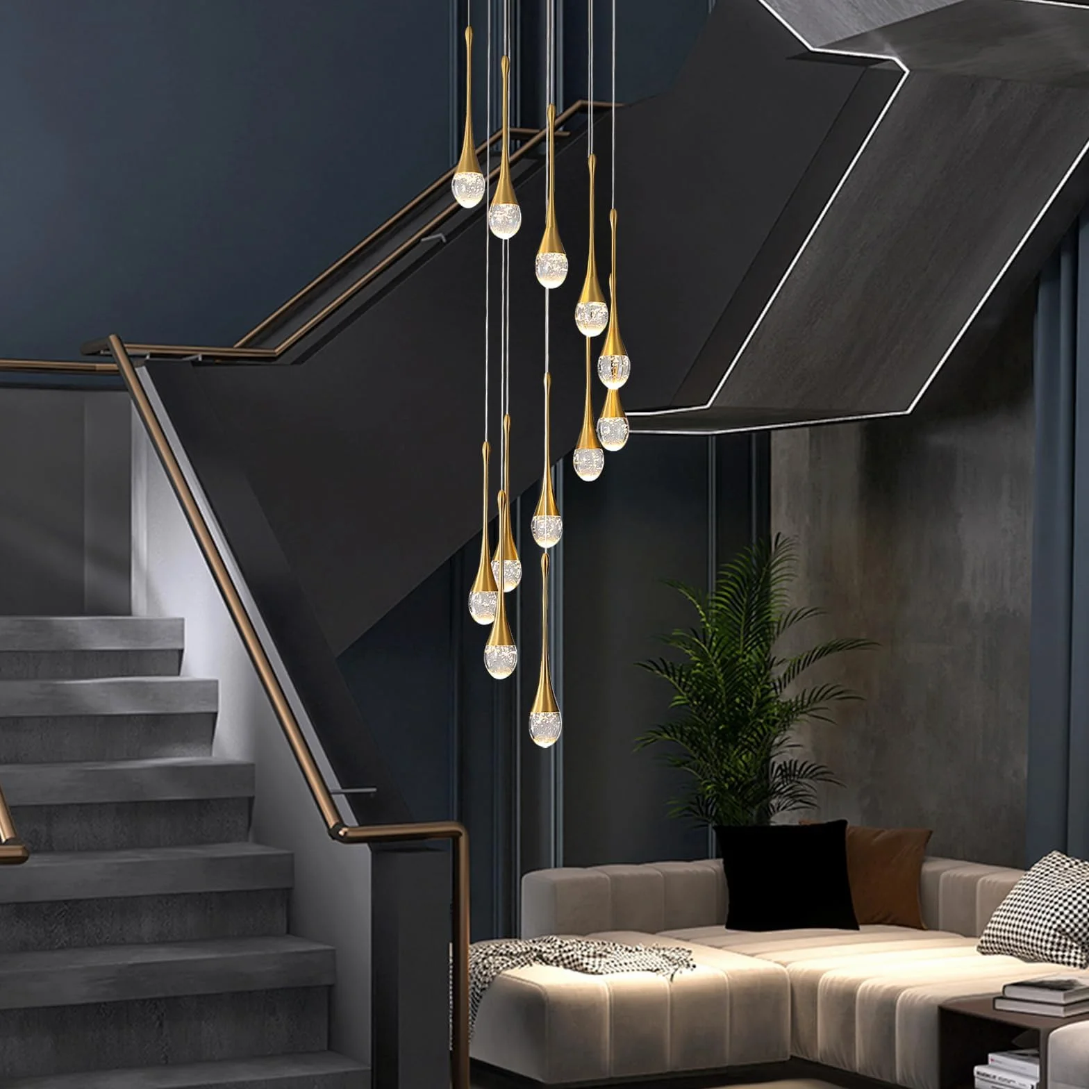 Lustres suspendus en cristal à 12 lumières dorées en forme de goutte de pluie 120 '' / 305 cm de haut Foyers d'entrée Lustres d'entrée StaircaseBig Crystal Bubble 3000-6000K Dimmbale LED Luminaires