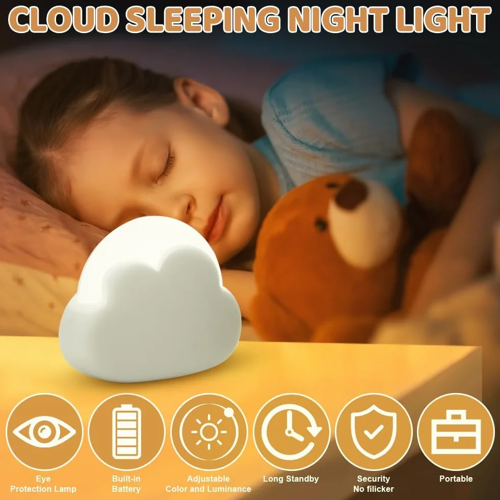 Veilleuse Enfant LED Nuage 4 Niveaux Luminosité Rechargeable Corde Silicone Lampe Chevet Blanc
