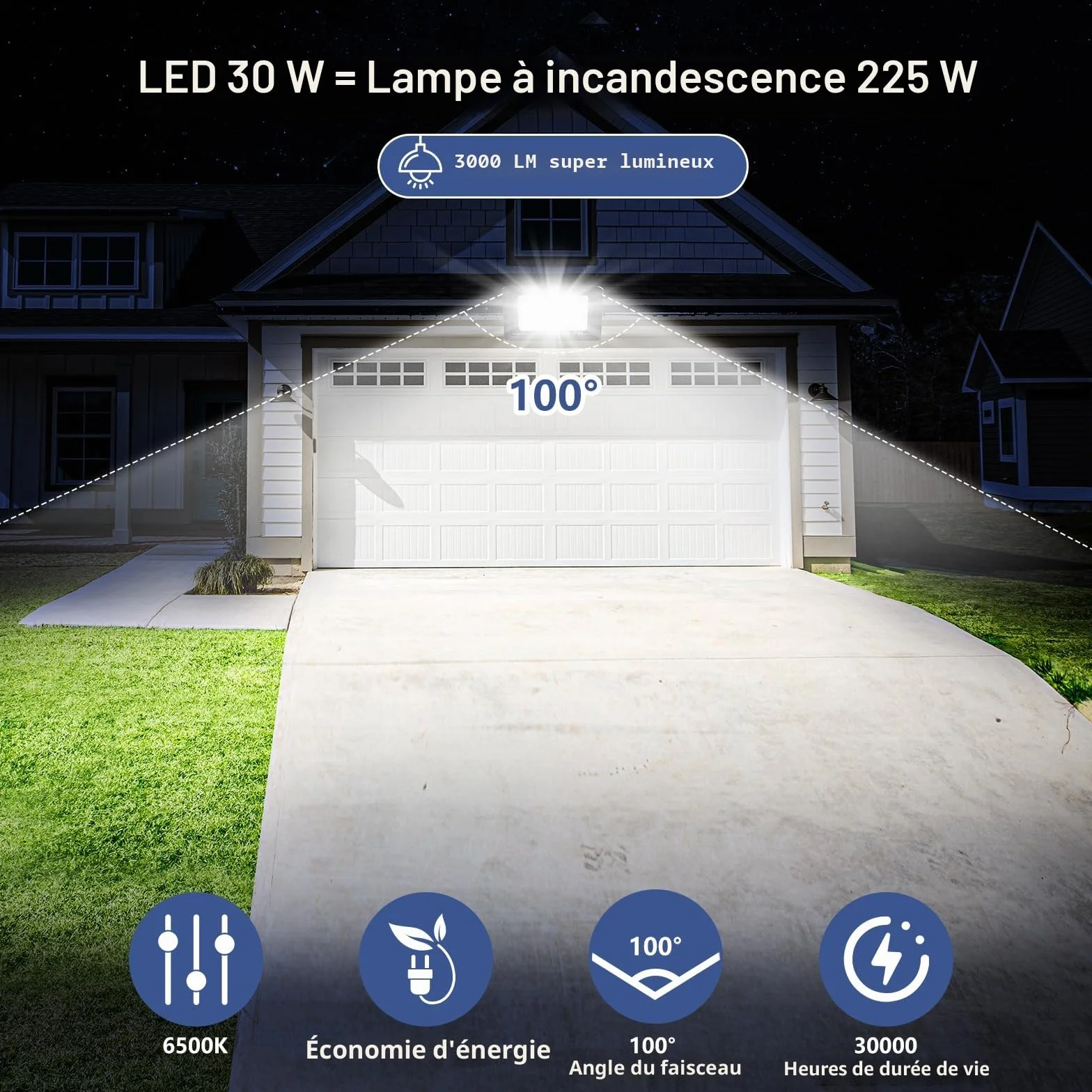 Realky Projecteur LED 30W 3000LM 40LEDs IP65 Etanche 6500K Extérieur
