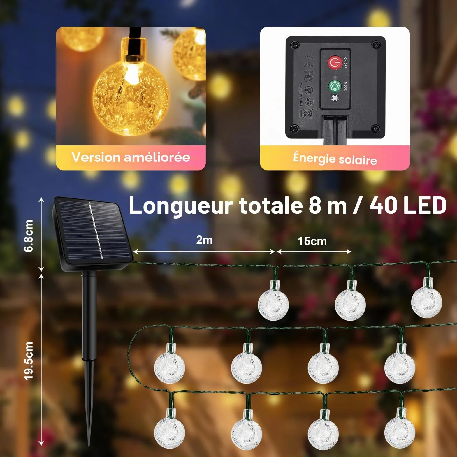 Guirlande lumineuse solaire d'extérieur 40 LED IP65 8 modes Blanc chaud