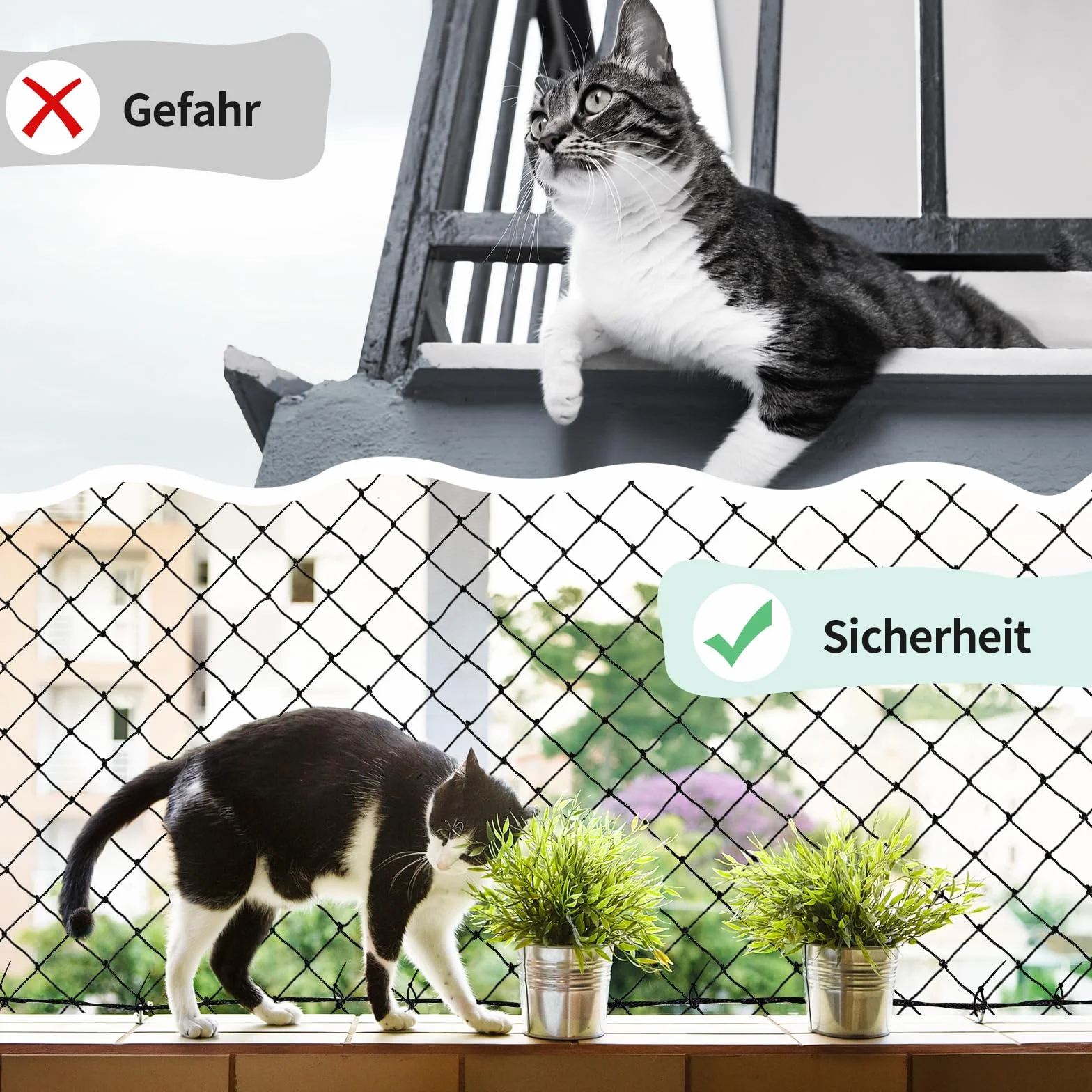 Filet Chat Balcon Renforcé 3x4m, Filet de Protection sans Percage, Grillage Fenetre Anti Chats avec Crochet Fixation