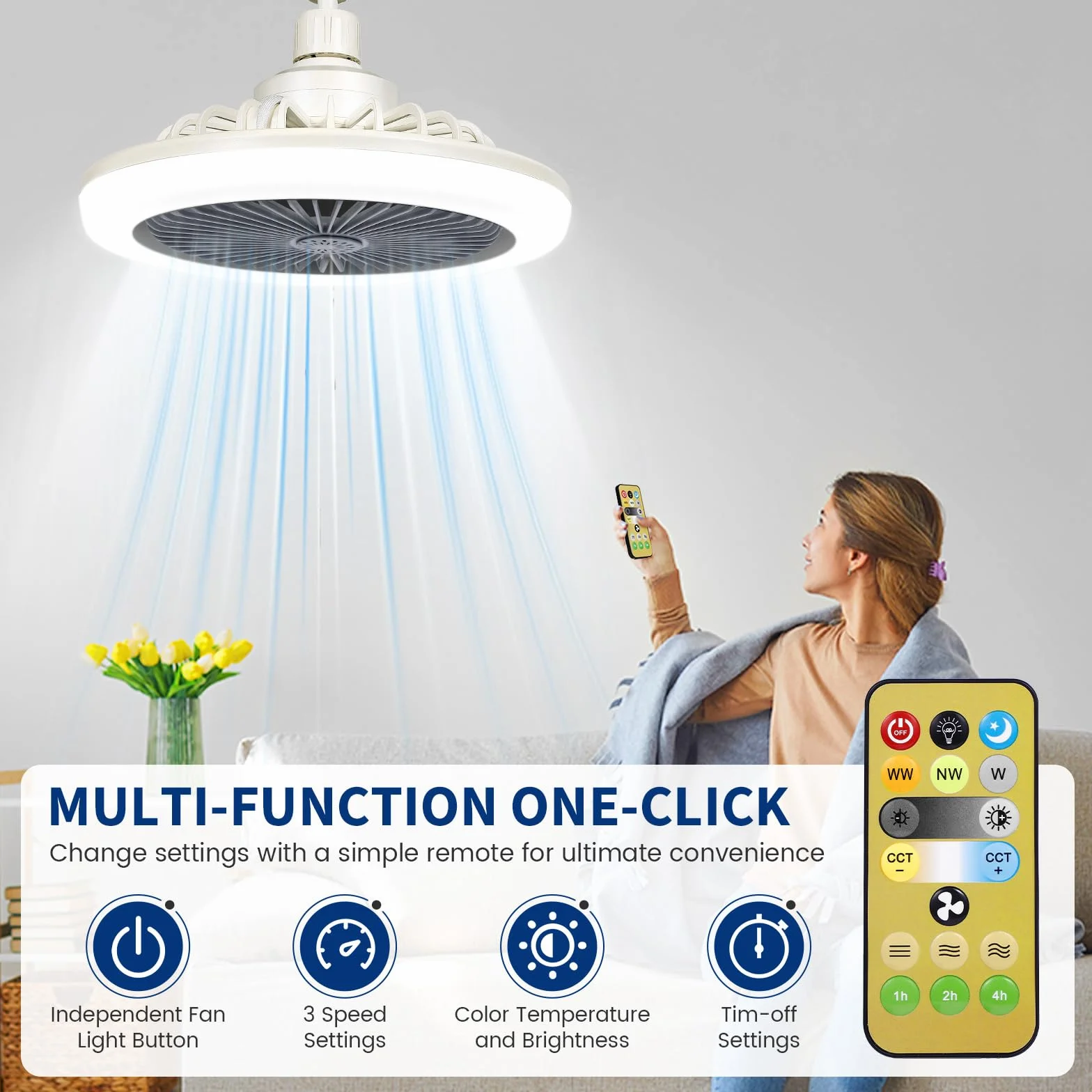 Ventilateur Plafond Silencieux 30W LED E27 avec Télécommande Dimmable 3 Vitesses Lampe Plafond pour Chambre Salon Cuisine