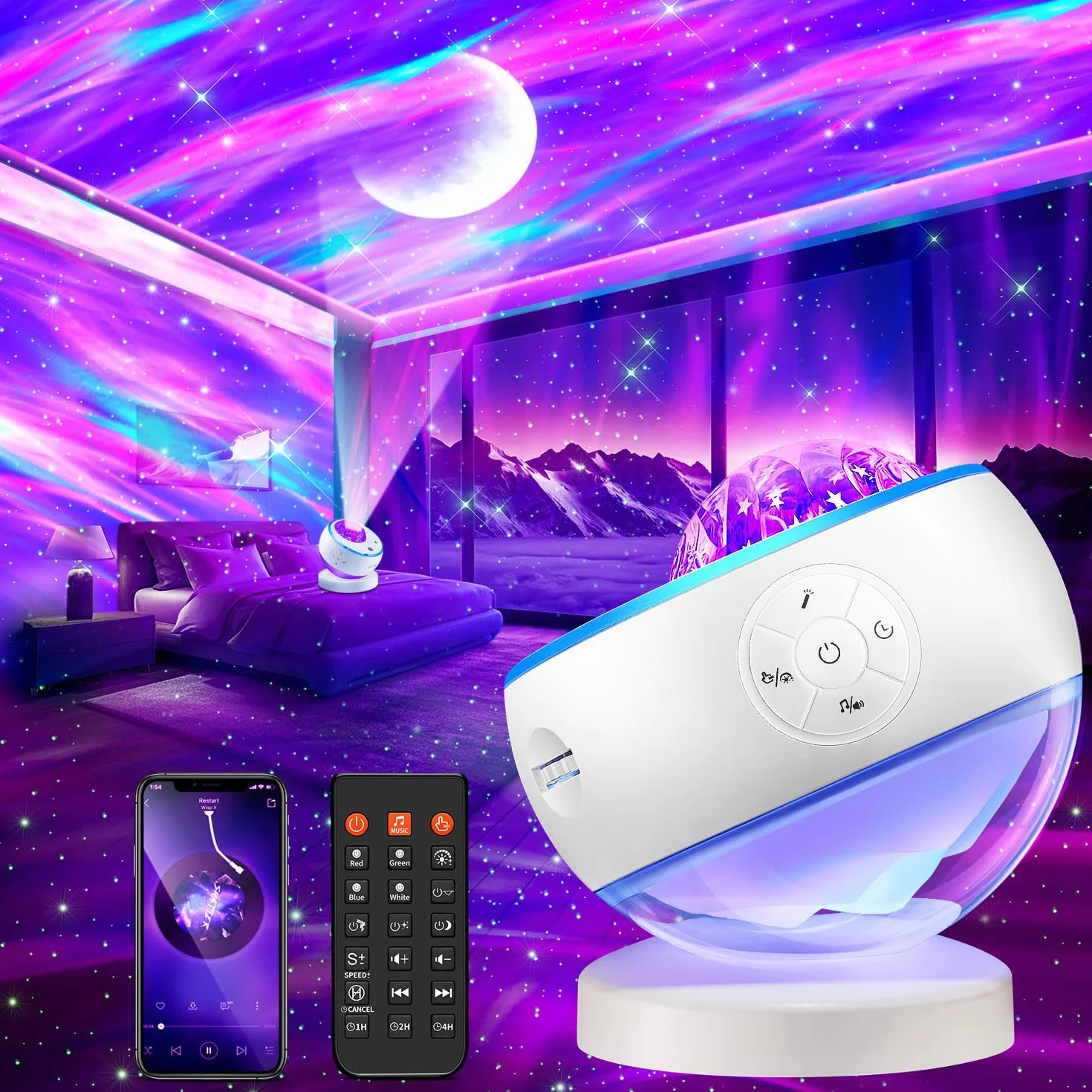 One Fire Projecteur Ciel Étoilé 300 Modes Galaxie Lampe Aurore Boréale Bluetooth Bruit Blanc LED Chambre Veilleuse