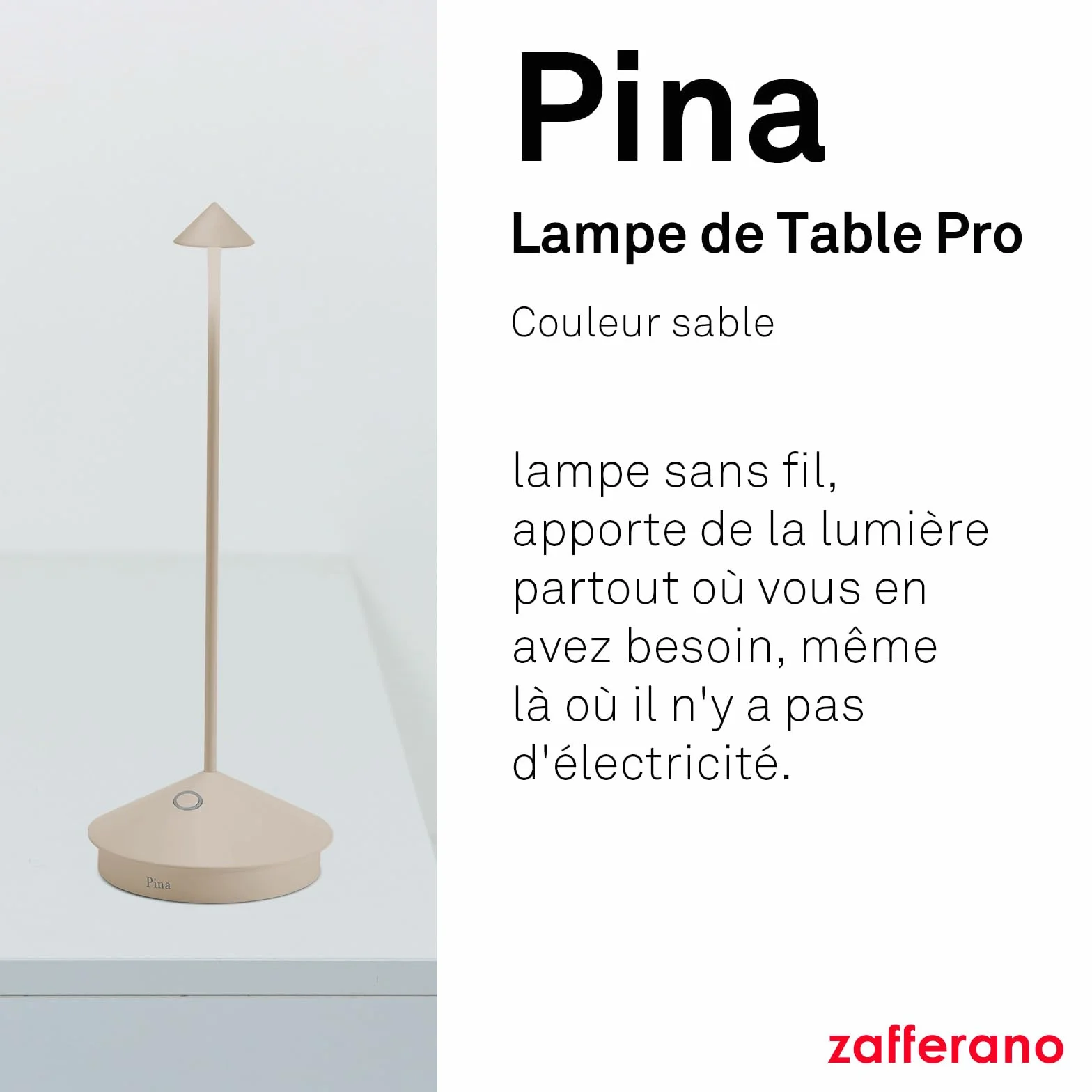 Zafferano Pina Lampe de Table Rechargeable Sans Fil Contrôle Tactile Dimmer 2200-3000 K Hauteur 29 cm Couleur Sable