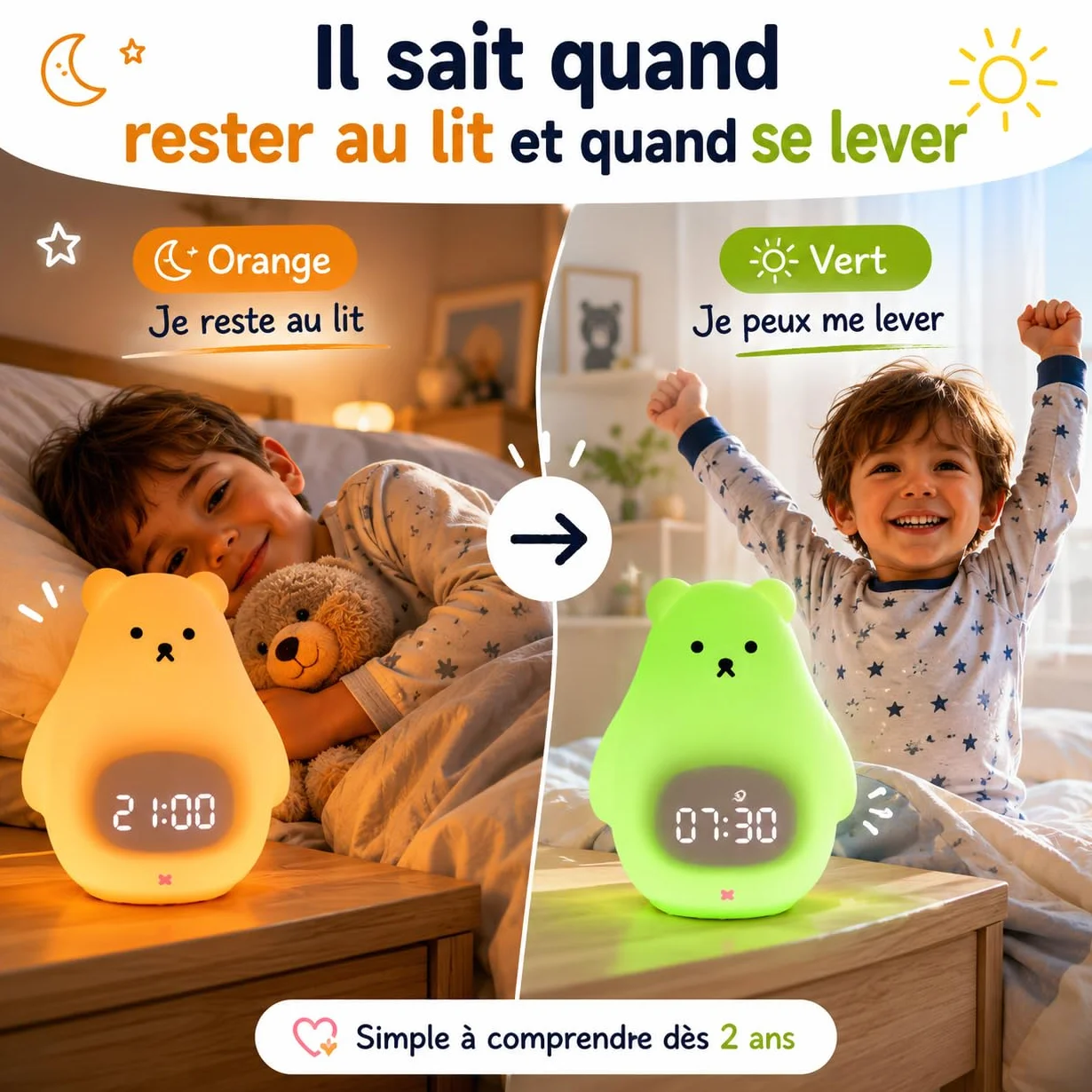 Réveil Enfant Jour/Nuit avec Veilleuse LED Contrôle Appli iOS Android Rechargeable