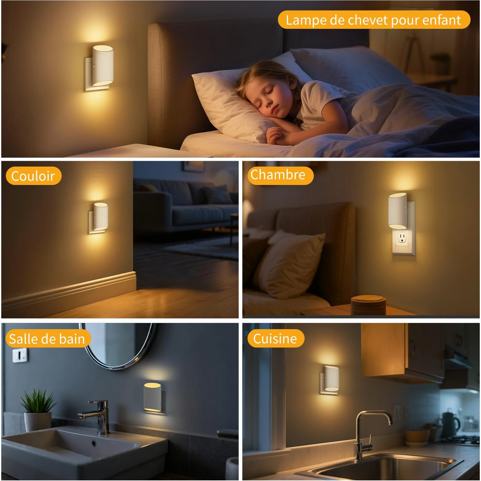 Veilleuse Enfant 2 Pcs Prise Electrique Détecteur Mouvement Capteur Lumière Blanche Chaude Intensité Variable 1-100 lm