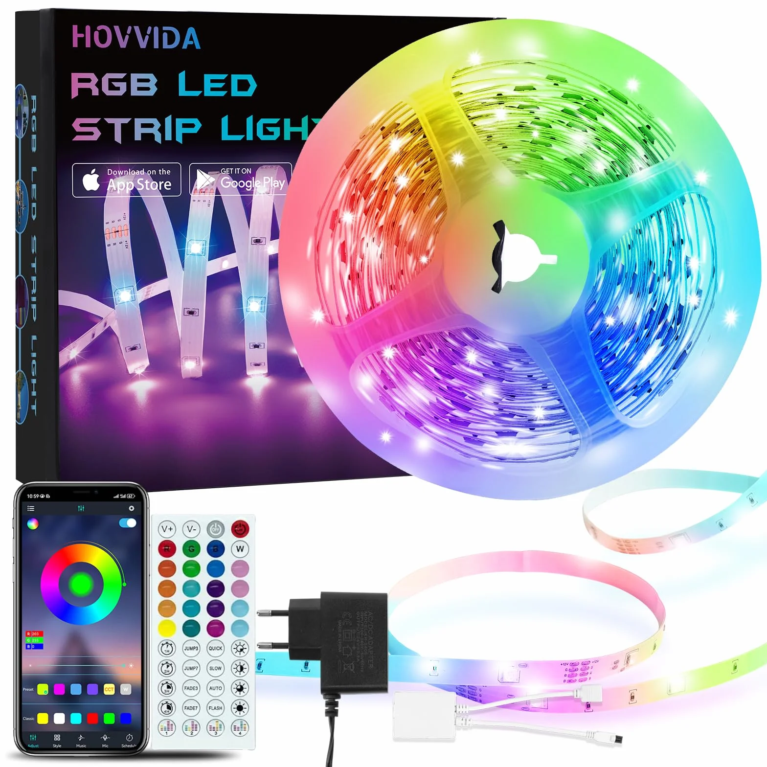 HOVVIDA Ruban LED 5M 30 LED/M 24V RVB Bande LED avec APP et Télécommande