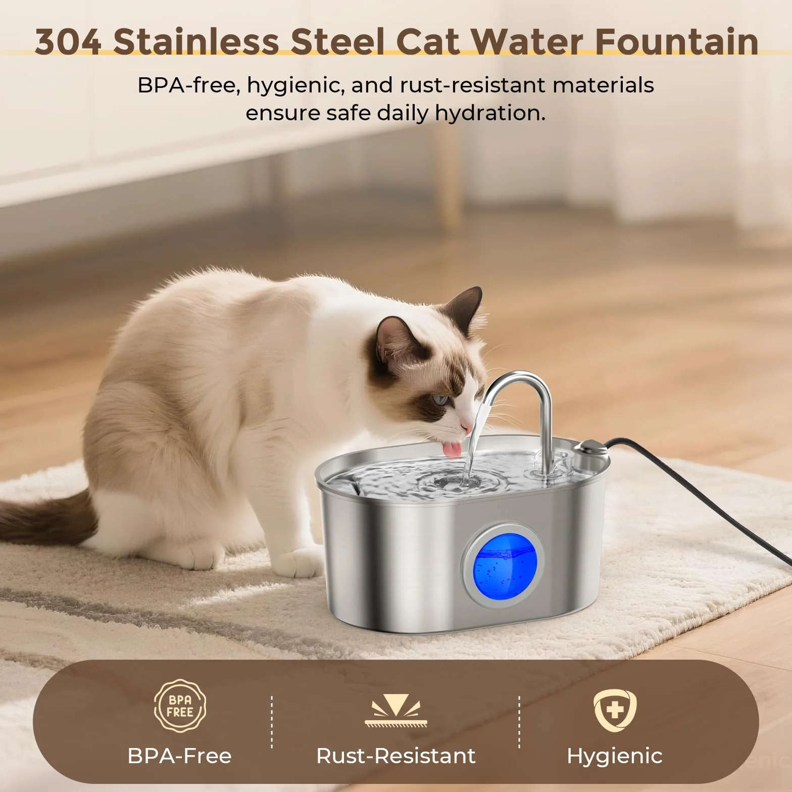 Fontaine à Eau pour Chat 2,2L Acier Inoxydable avec Fenêtre de Niveau d'Eau, 4 Filtres Inclus, Design Anti-éclaboussures