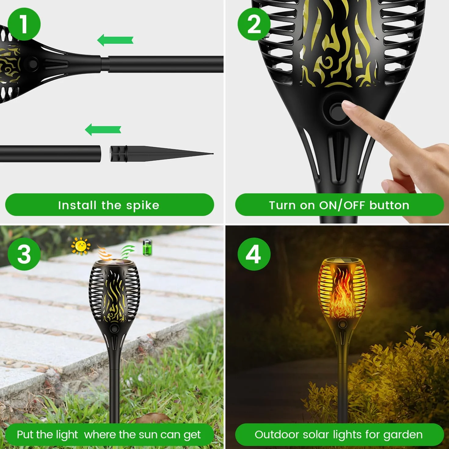 Lampes solaires jardin extérieur effet flamme réaliste étanche IP65 33 LED 4 pièces