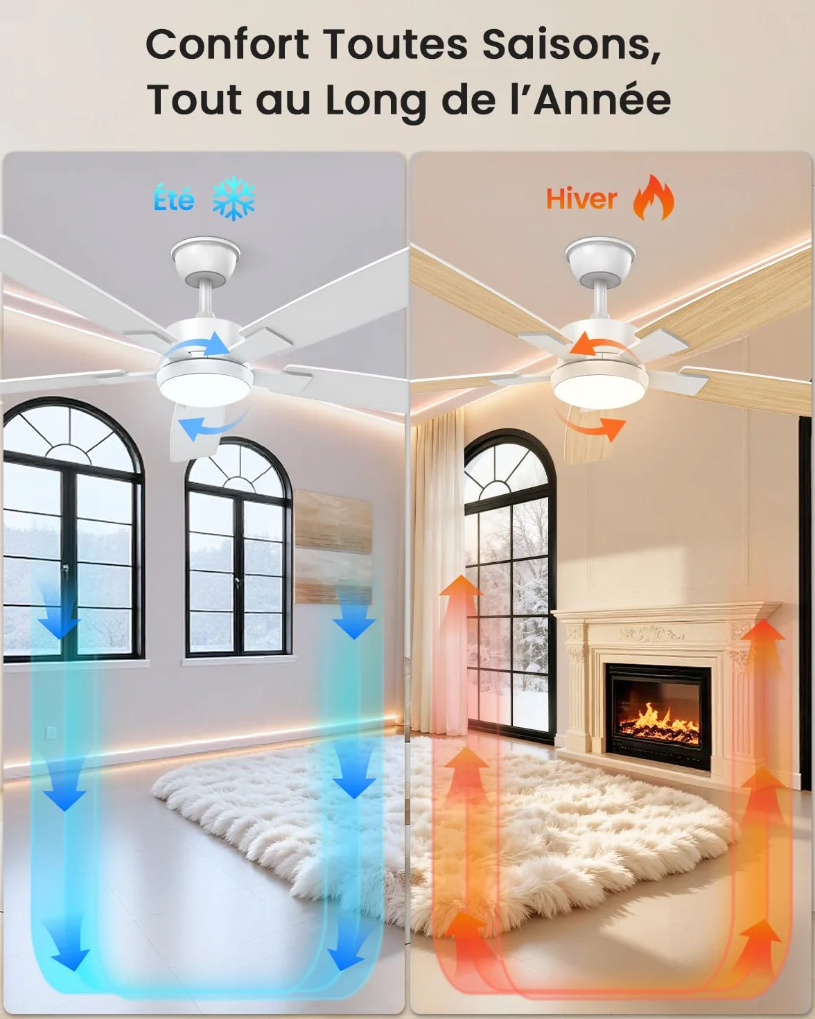 Ventilateur Plafond avec Lumiere 132cm Silencieux Reversible 2 Couleurs Pales LED Telecommande Exterieur