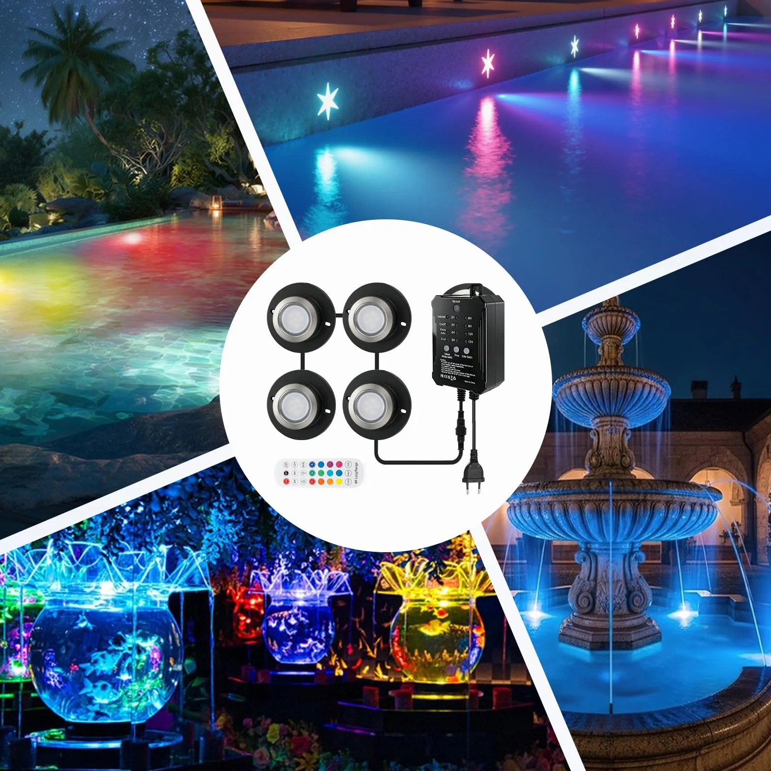 Projecteurs paysagers sous-marins RGB IP68 avec télécommande 4 lampes éclairage de bassin submersible