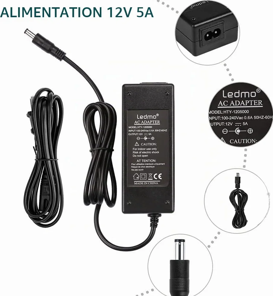 LEDMO Alimentation Adaptateur 12V 5A 60W Chargeur LED Ruban