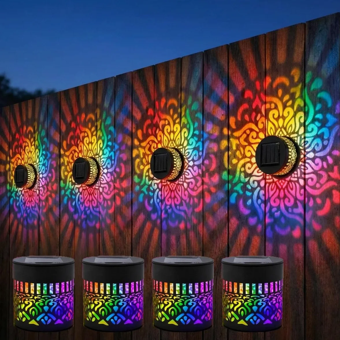 Lumière Mandala Solaire Extérieur 4 Pack, Lampe de Projection Décorative Métal Étanche, 7 Couleurs Changeantes
