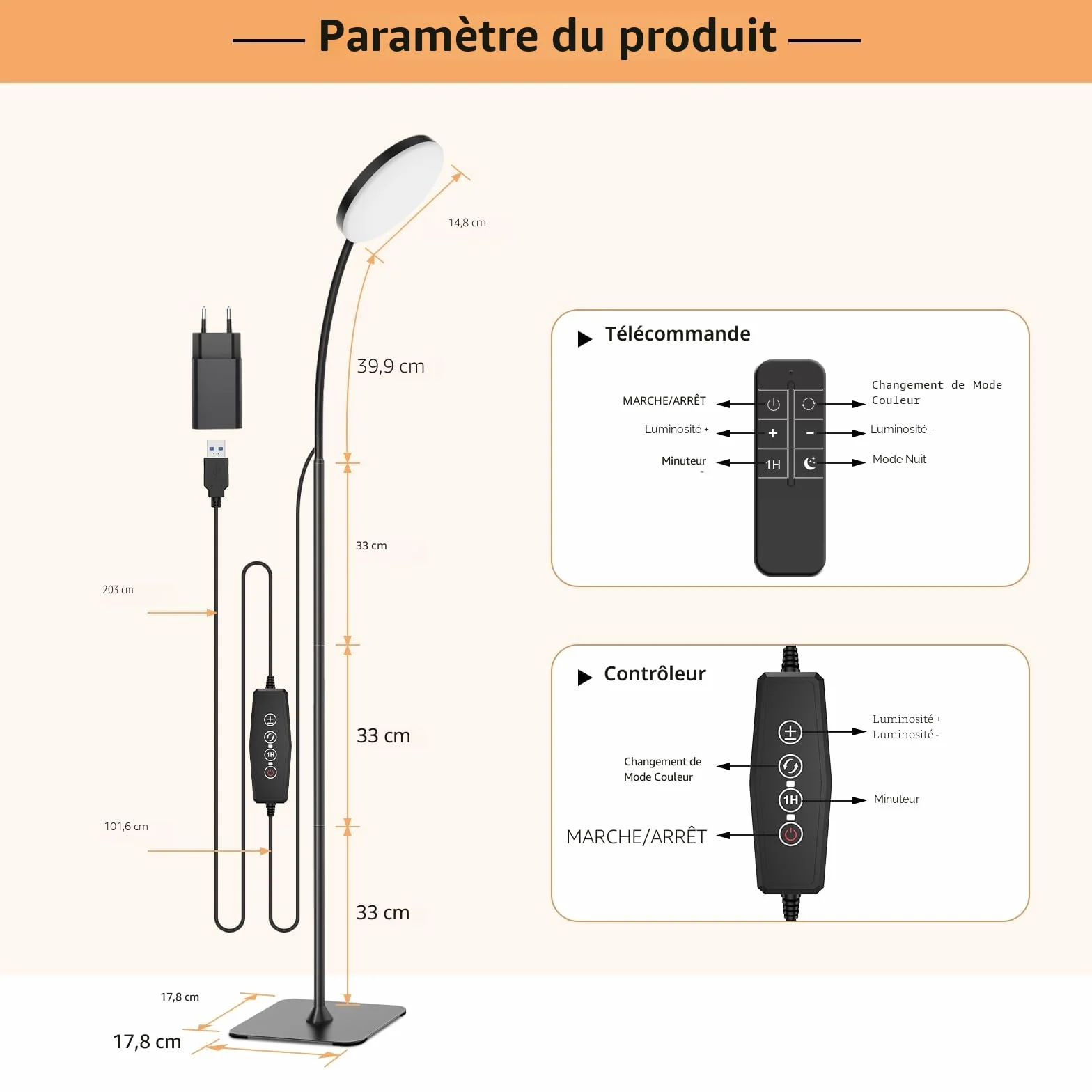 Mojimdo Lampadaire avec télécommande LED fin sur pied, gradation 3 couleurs 10 luminosités, flexible