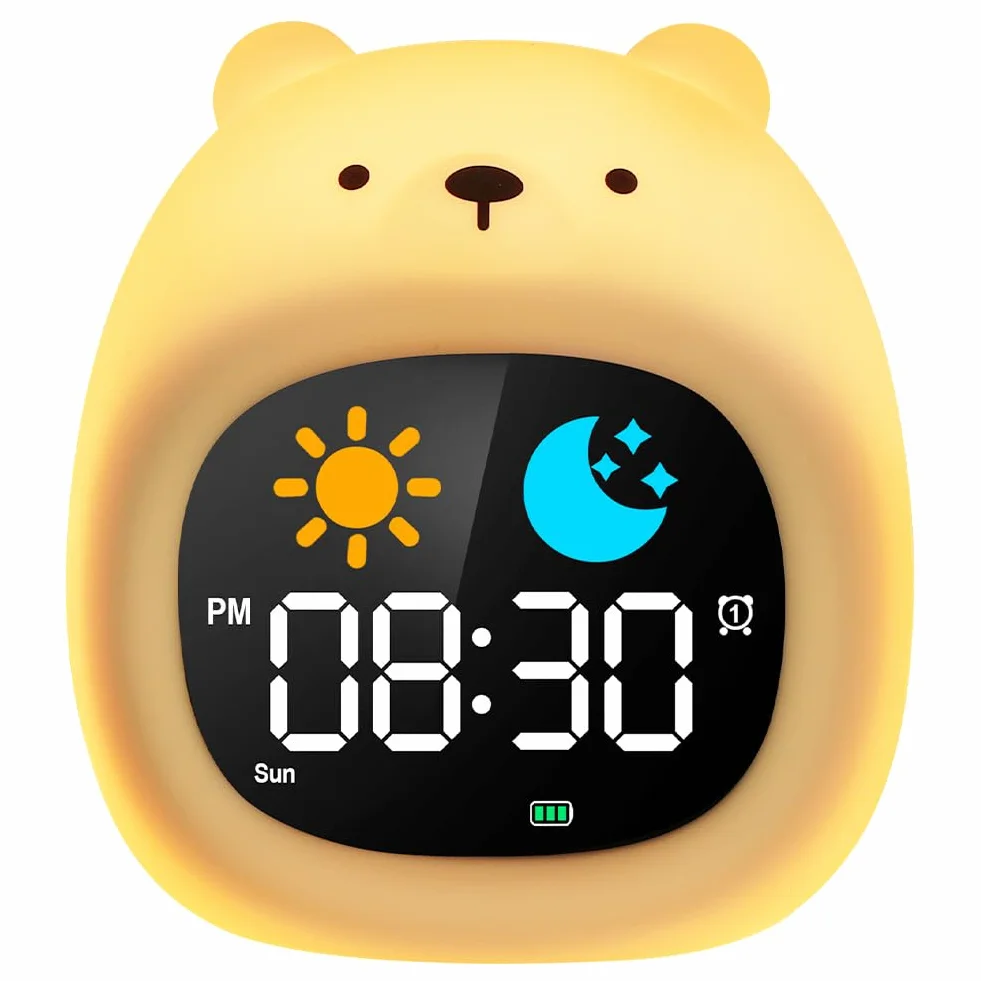 HOTUT Réveil Enfant Éducatif avec Affichage Lune et Soleil, Veilleuse RGB Couleurs, 2-10 Ans Ours