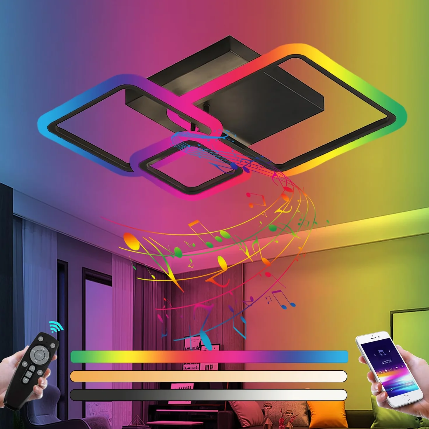 Plafonnier LED RGB 84W avec Haut-parleur Bluetooth Dimmable Lampe de Plafond Carré Moderne