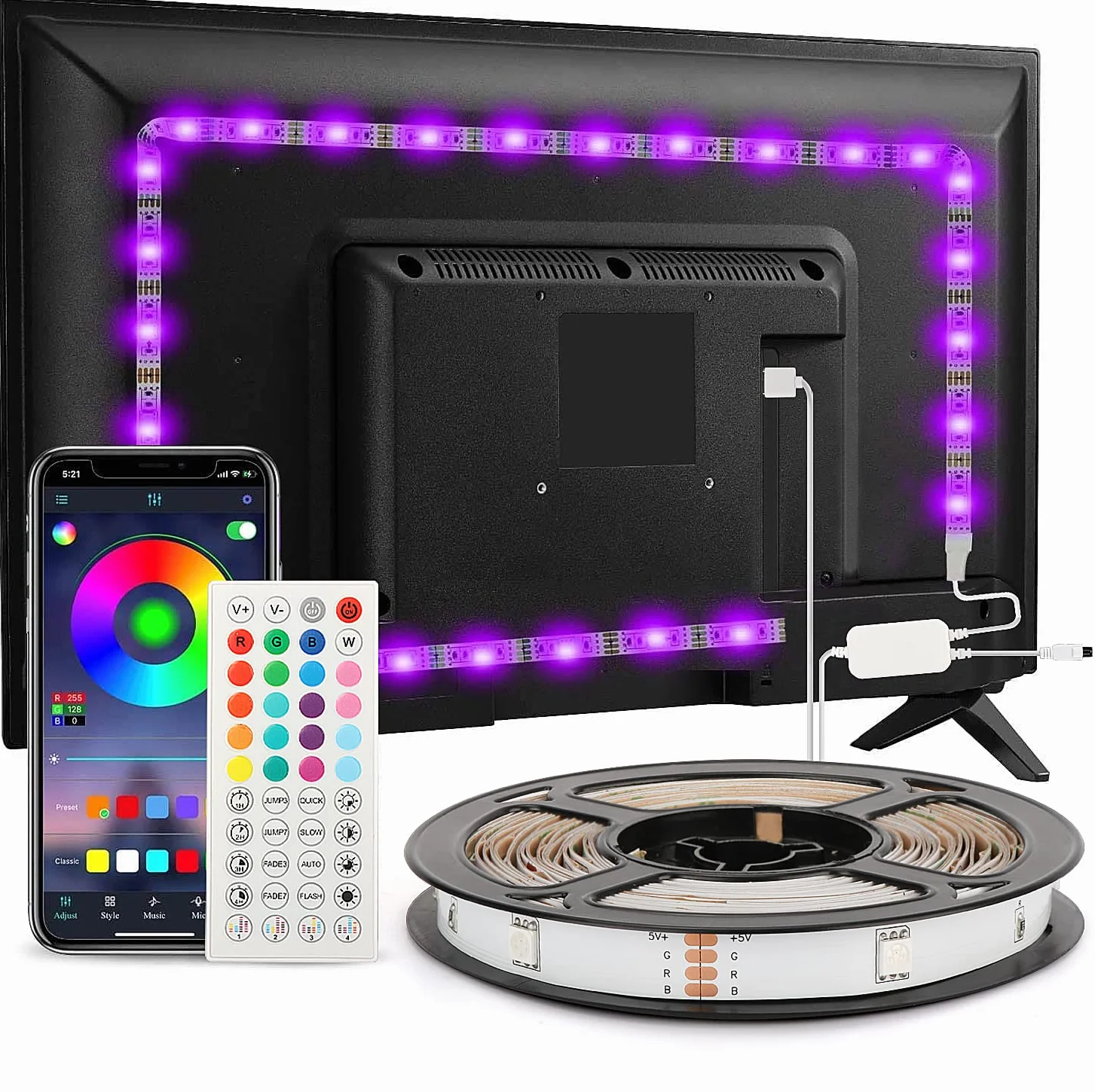 Ruban LED TV 3 m, Bande Lumineuse LED Rétroéclairage TV 40-65 in, 5050 RGB USB avec Télécommande