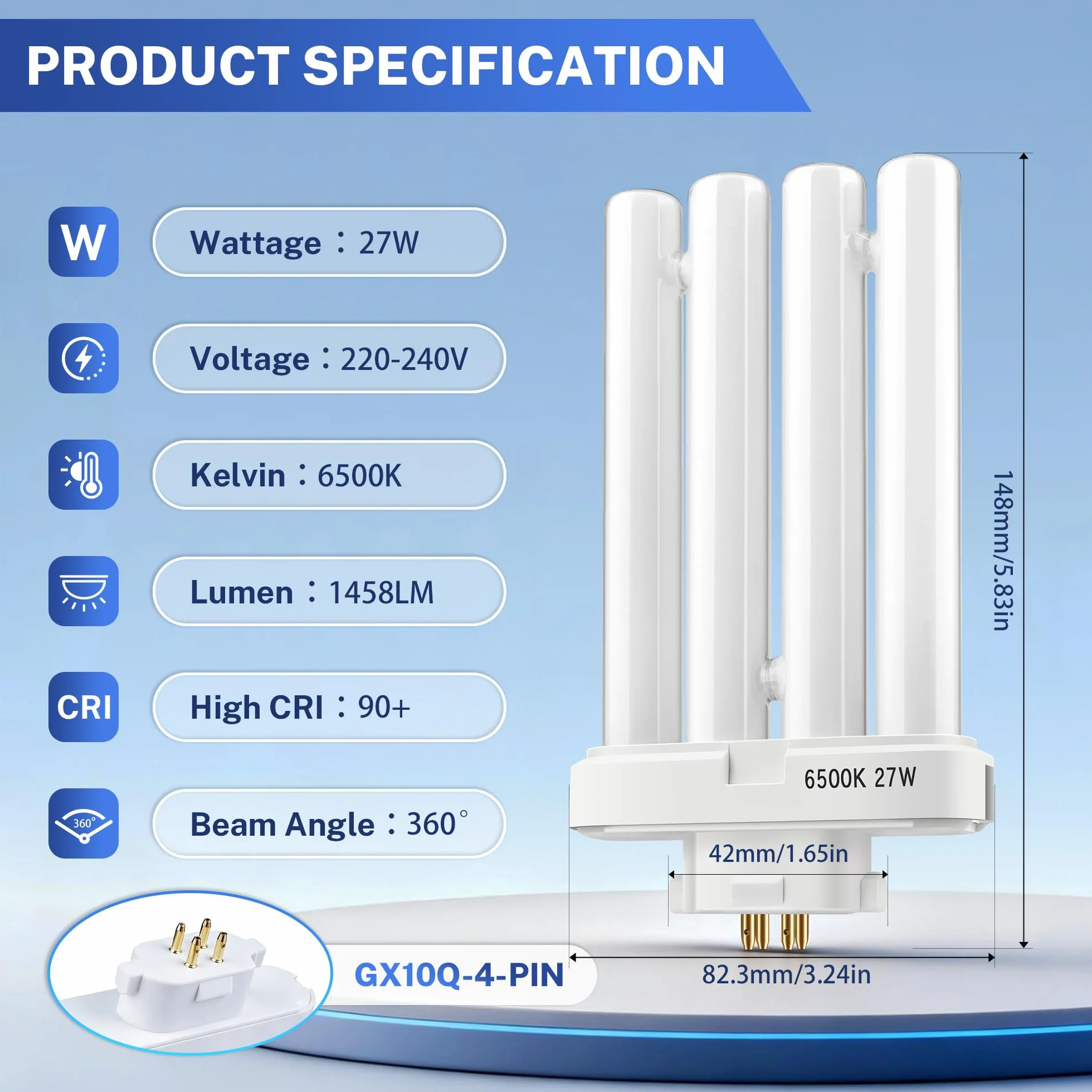 Tubes Fluorescents 27W GX10Q-4 4-Pin Blanc Froid 6500K Ampoule Économie D'énergie