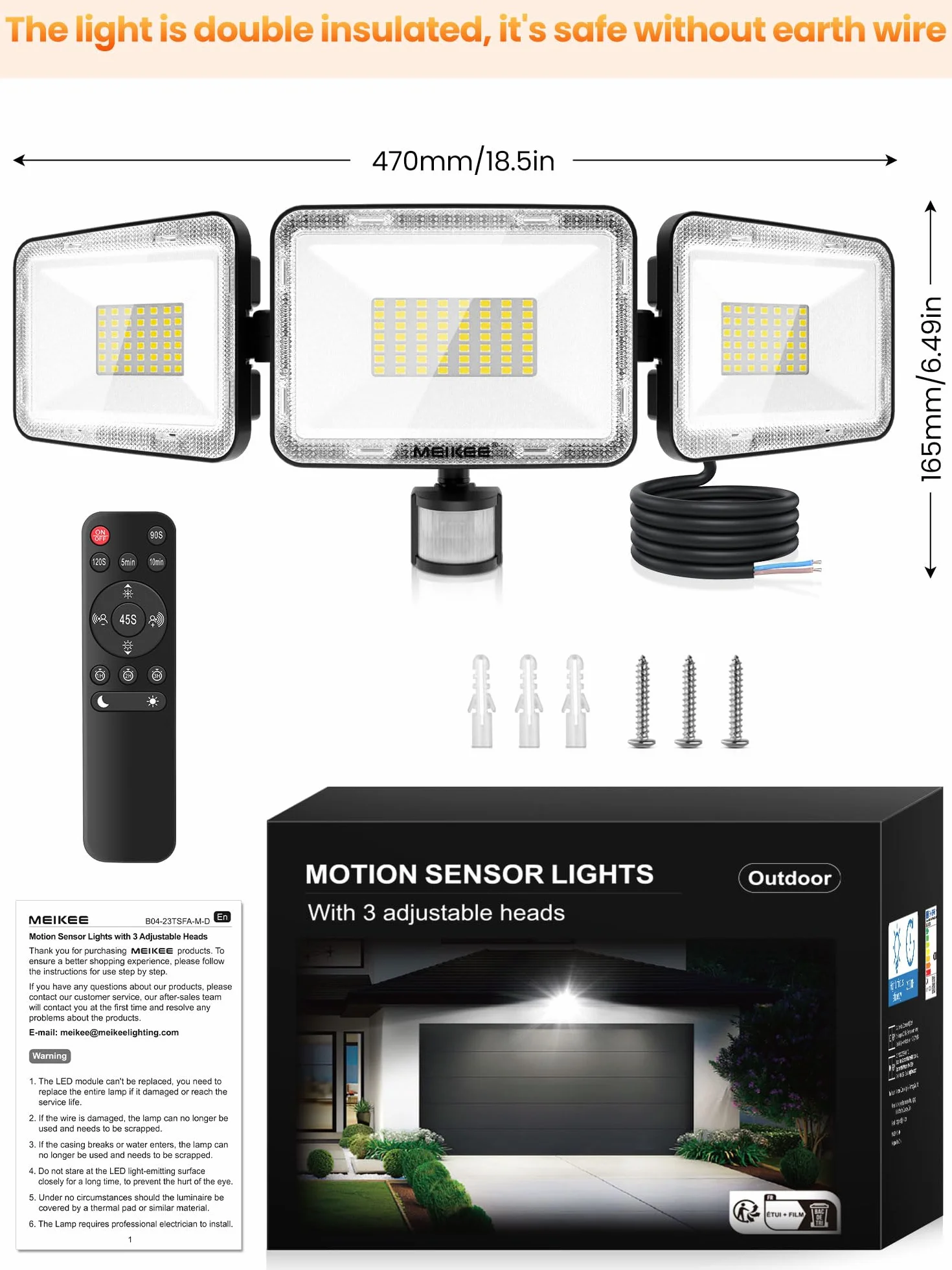 MEIKEE Projecteur LED Extérieur 70W 6580LM Détecteur de Mouvement IP66 Étanche 6500K Blanc Froid 3 Têtes