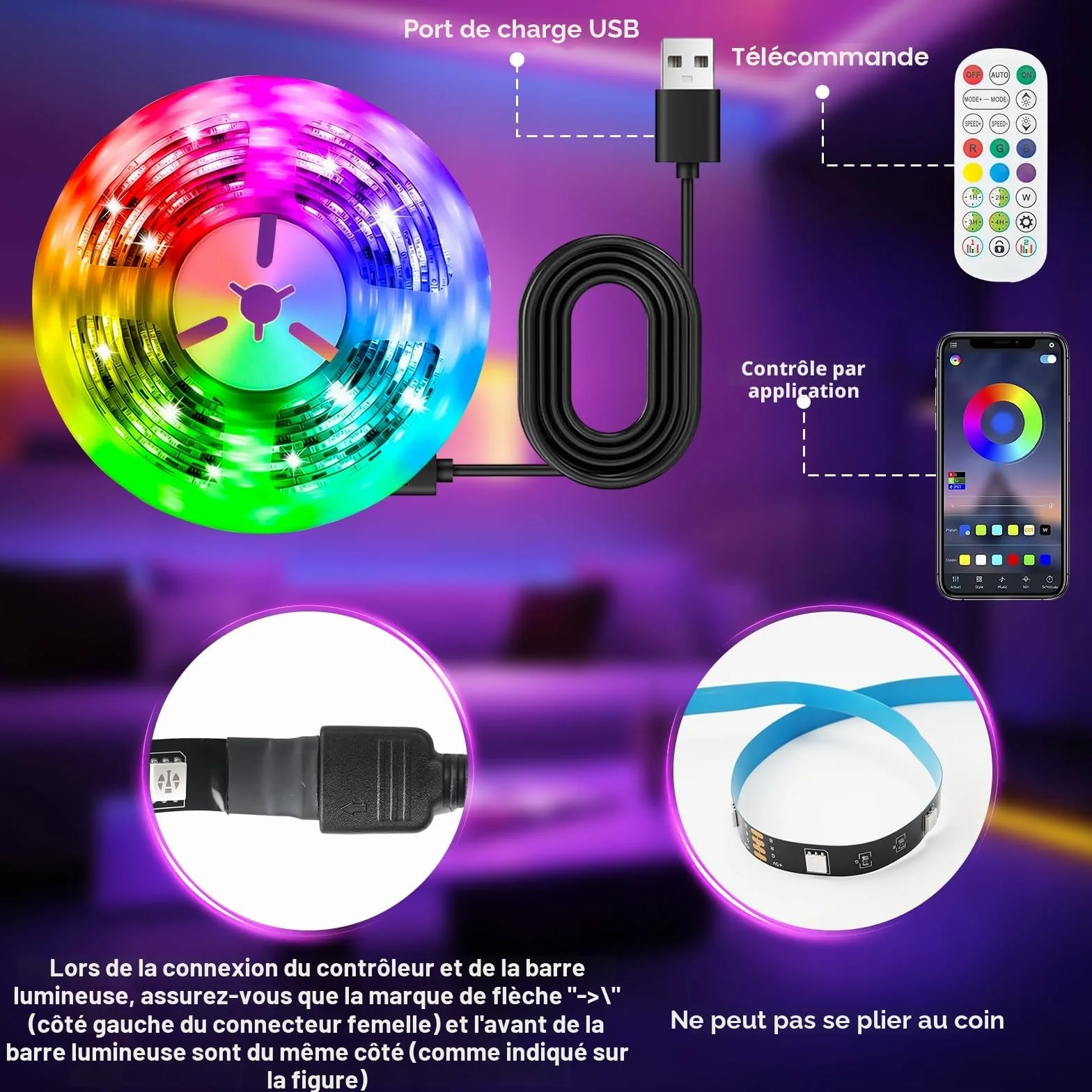 Bande LED TV Bluetooth 50-75" 16M Couleurs Synchro Musique Gaming Télécommande 2.4G Sans Lag