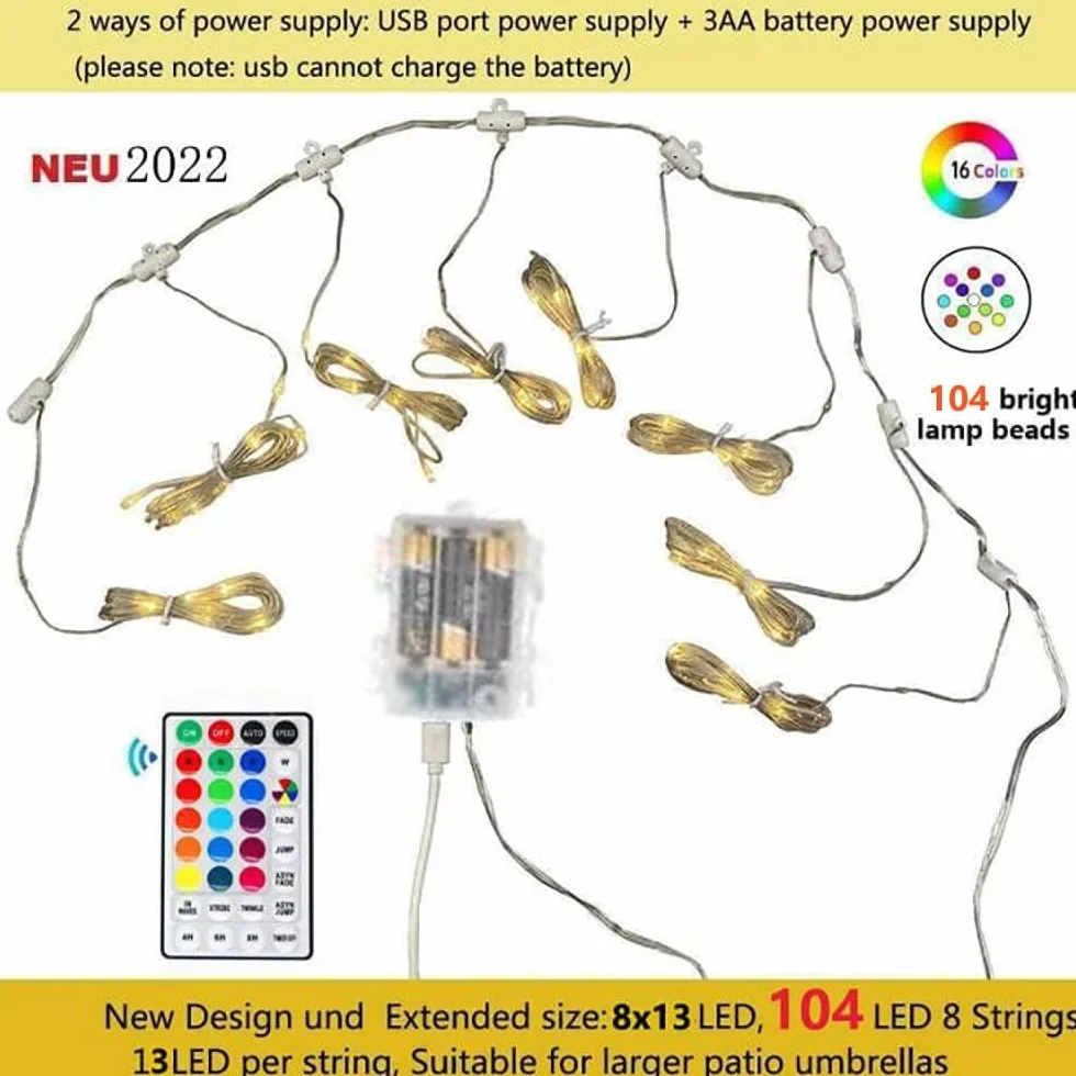 Guirlande lumineuse pour parasol 104 LED avec télécommande et minuterie 4 modes éclairage décoratif extérieur