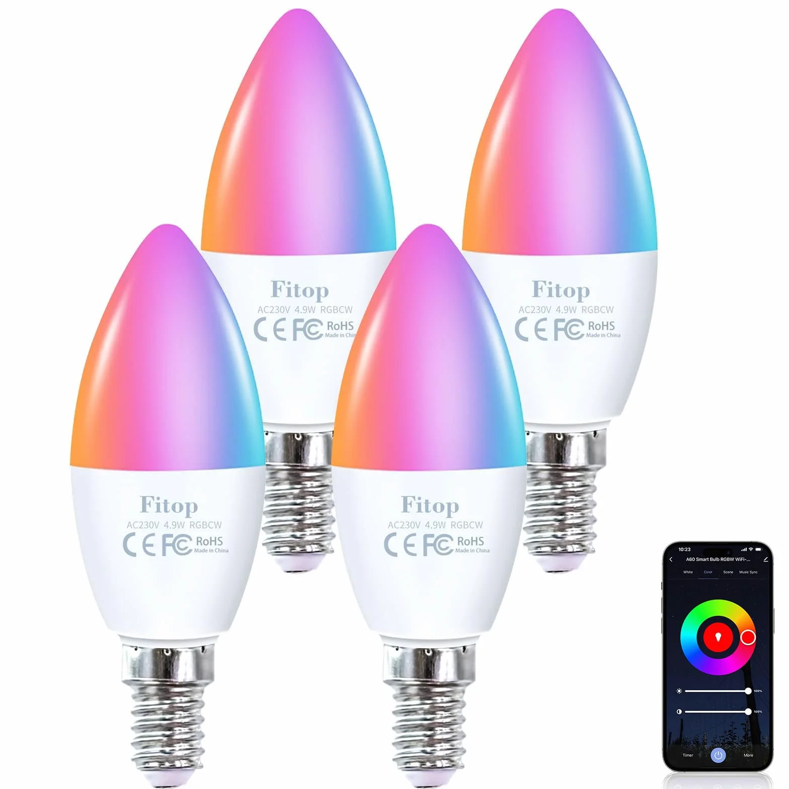 Fitop Ampoule LED WiFi E14 Dimmable 4.9W 470Lm RGB 16 Millions de Couleurs Compatible Alexa Google Home Paquet de 4