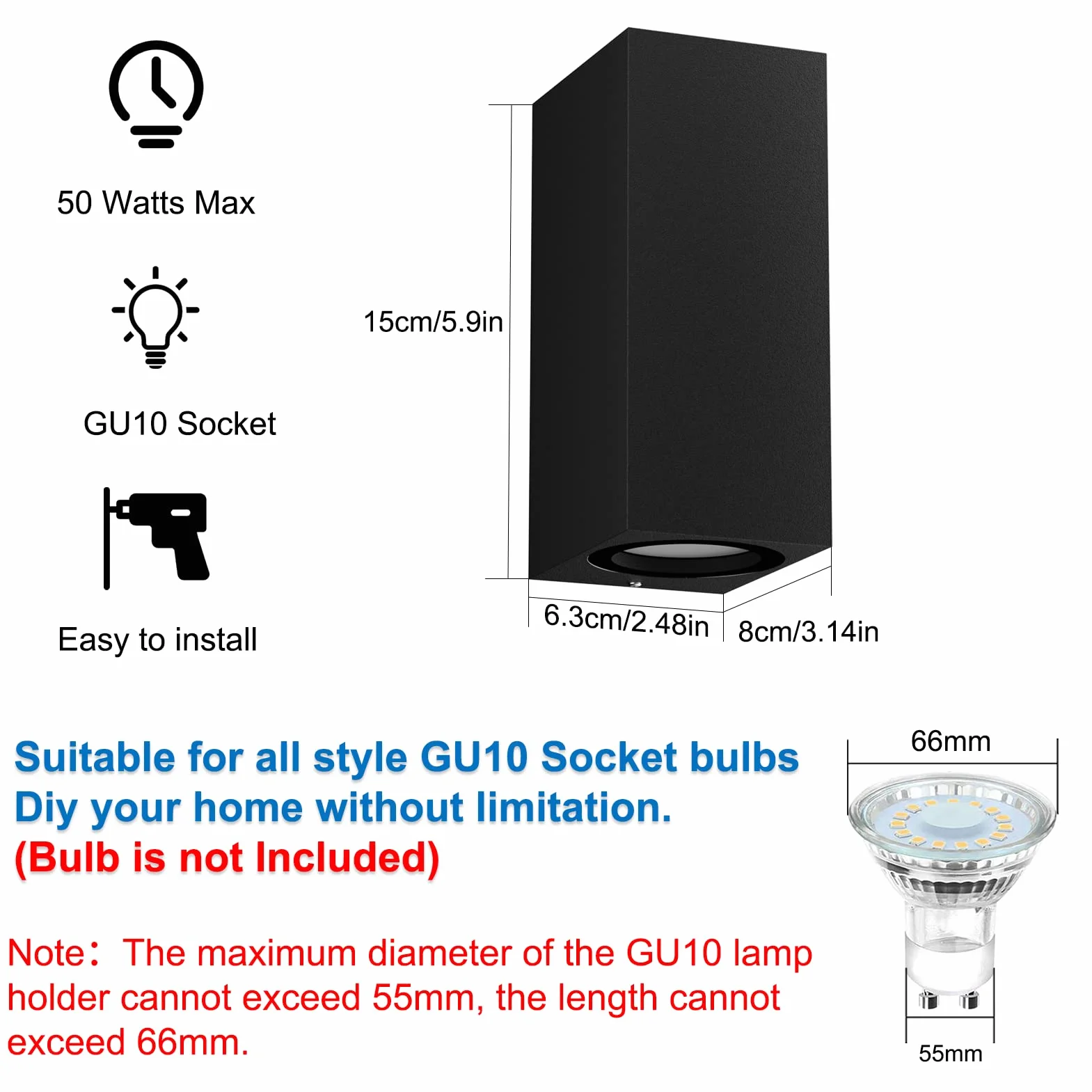 Klighten Lot de 2 Applique Murale Noir IP65 Etanche Up Down Lampe Murale Aluminium GU10