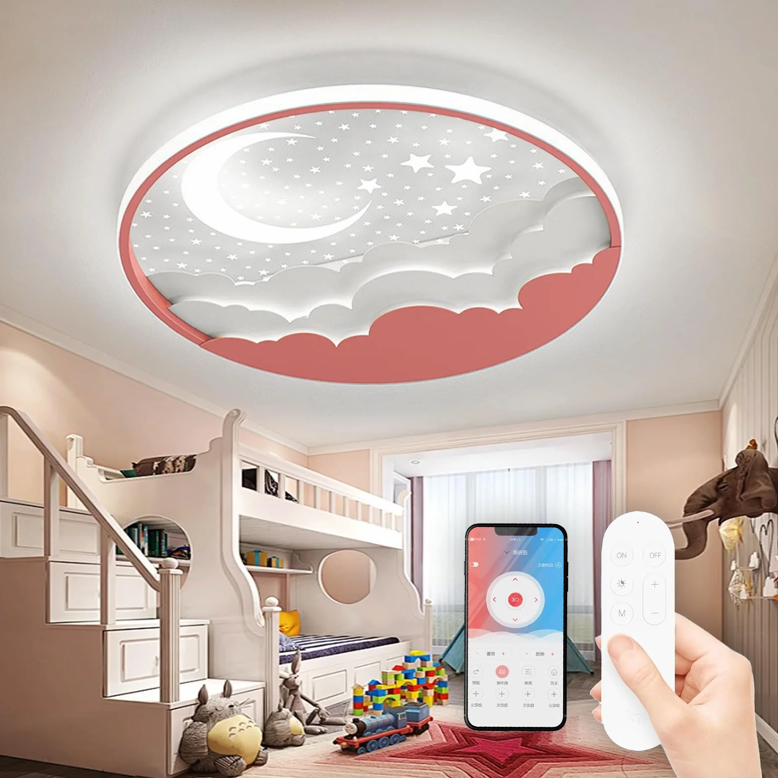 Plafonnier LED Enfant Étoile Lune Dimmable Télécommande 3000-6000K Rose