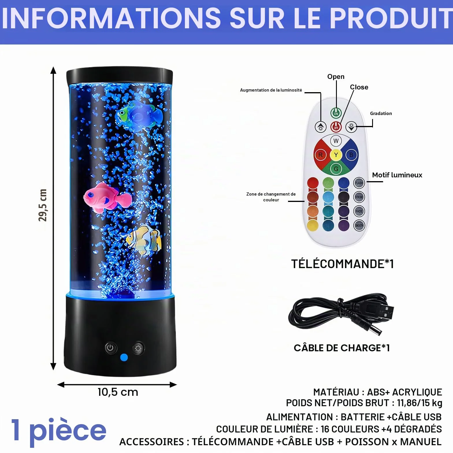 Lampe à lave à bulles avec poisson, télécommande, 16 couleurs, 4 modes, ambiance aquarium, câble USB