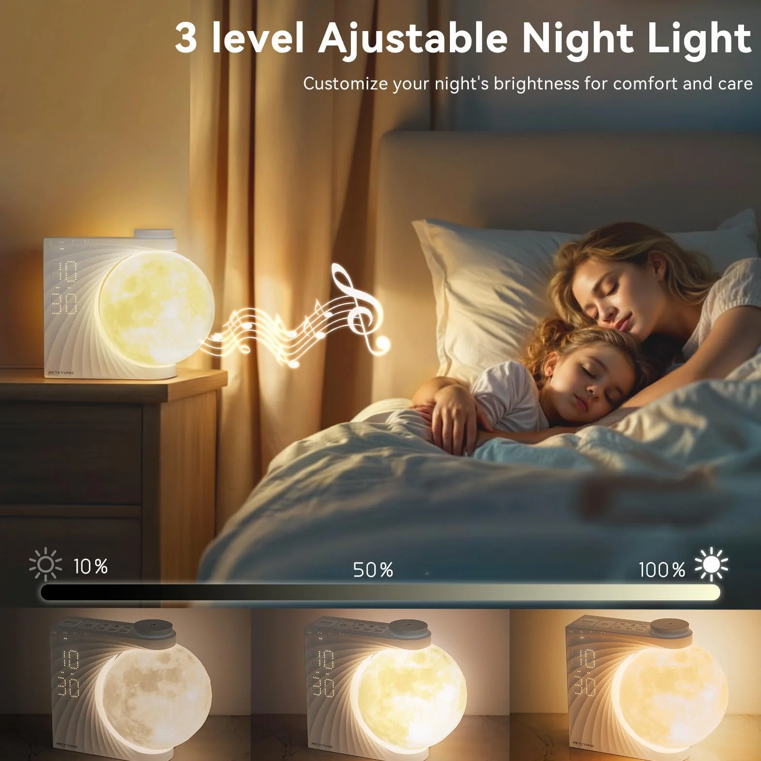 Lampe de Lune avec Réveil Lumineux, 2 Réveils, RGB 8 Couleurs, 10 Sons Naturels, Veilleuse 3 Niveaux