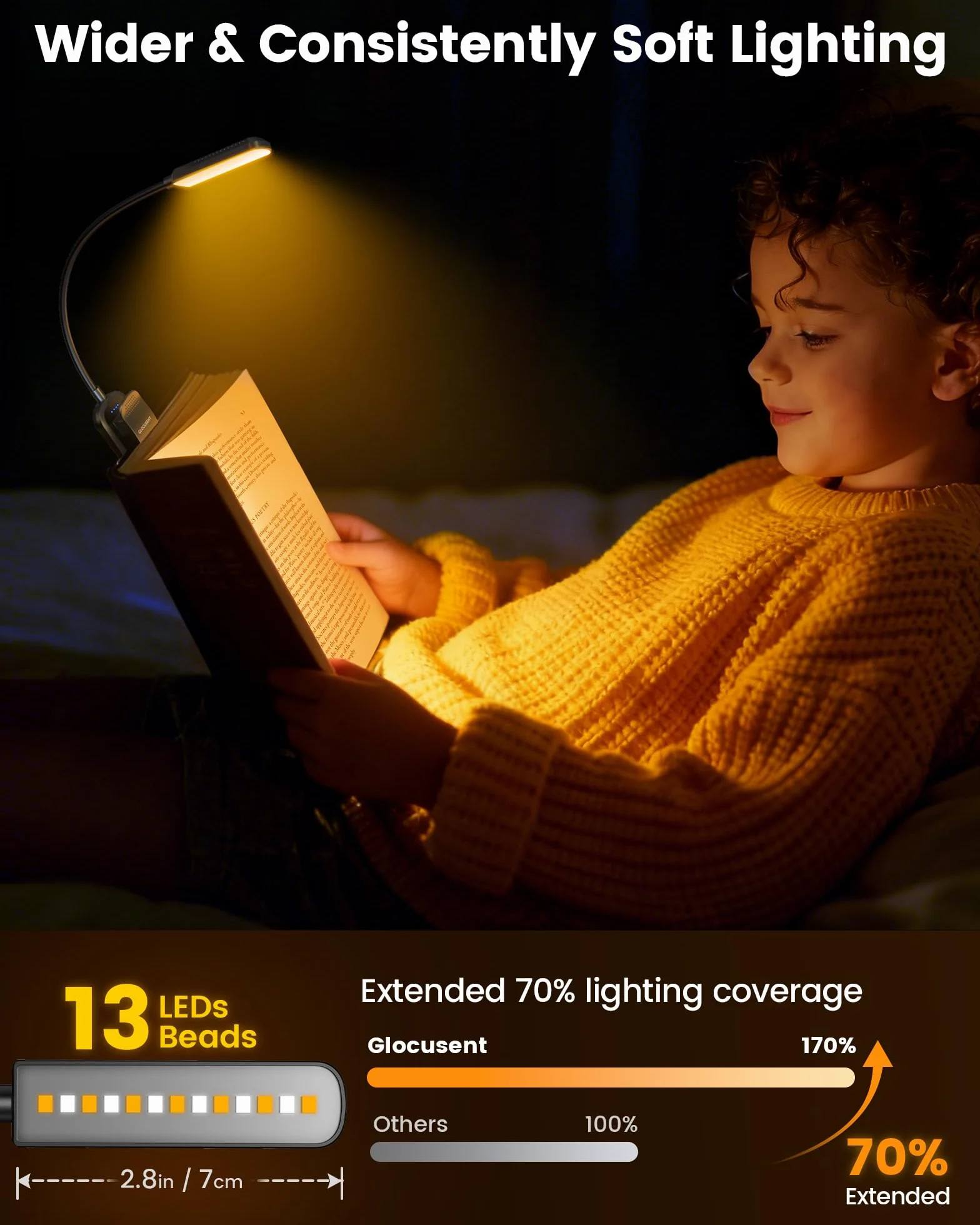 Glocusent Lampe de Lecture Rechargeable 120h Autonomie 3 Modes Couleur Gradation 3–60LM 360° Flexible Indicateur de Batterie
