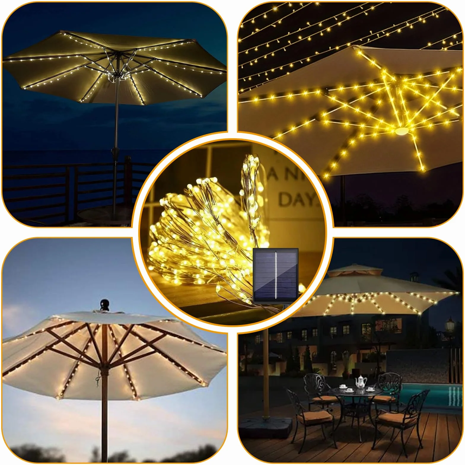 Éclairage solaire LED pour parasol 104 lumières LED télécommande 8 modes guirlande lumineuse parapluie lampes de jardin étanches