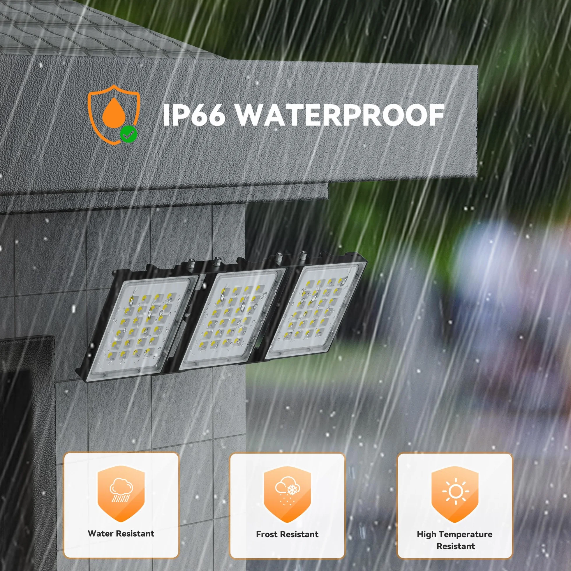 Projecteur LED extérieur 300W 30000LM 6000K IP66 imperméable, éclairage de sécurité réglable 3 têtes Noir 2 Pack