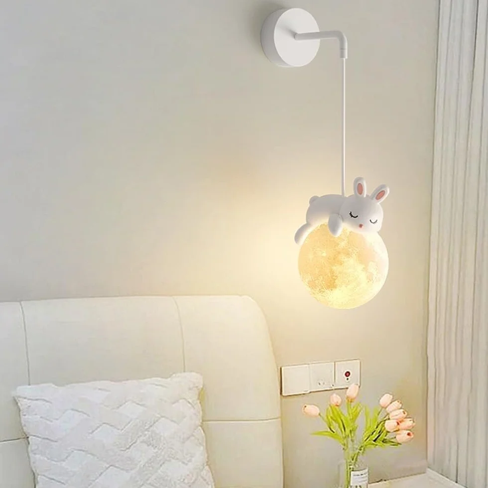 SEMANHUA Applique murale câblée 3D boule de lune lampe de chevet nordique à intensité variable lapin