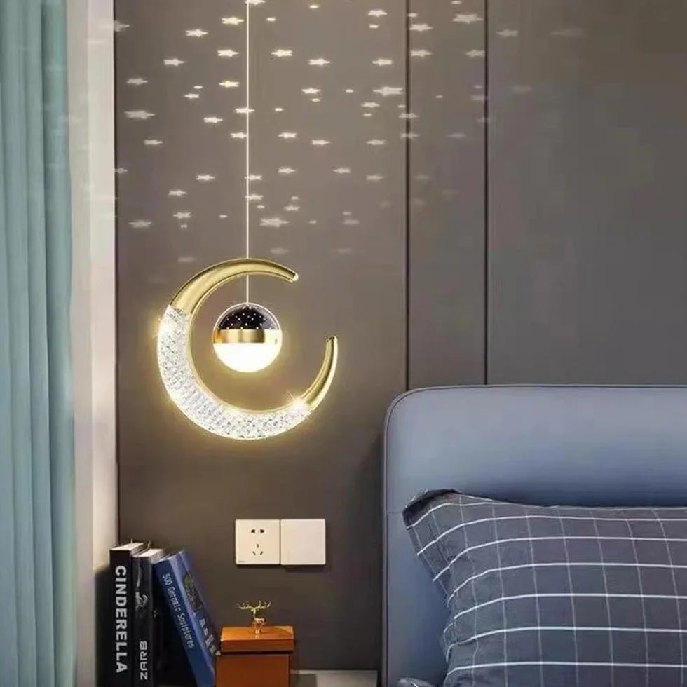 Plafonnier LED Lune et étoiles Lustre Chambre Enfants Doré