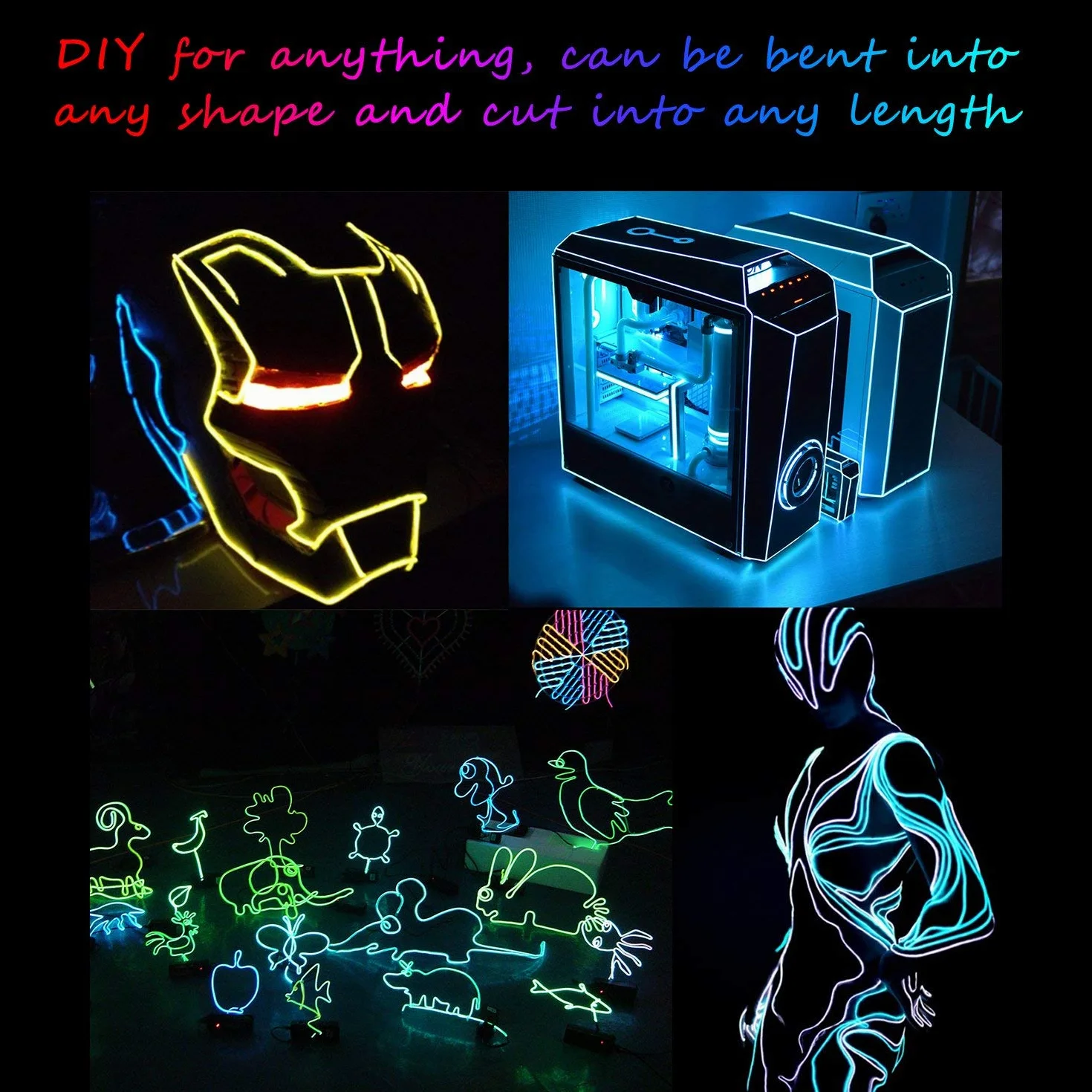 Guirlande Lumineuses EL Fil Néon 5x3M 3 Mode Éclairage Fixe Clignotant Stroboscope Tube Fluo EL Wire Fête Mariage