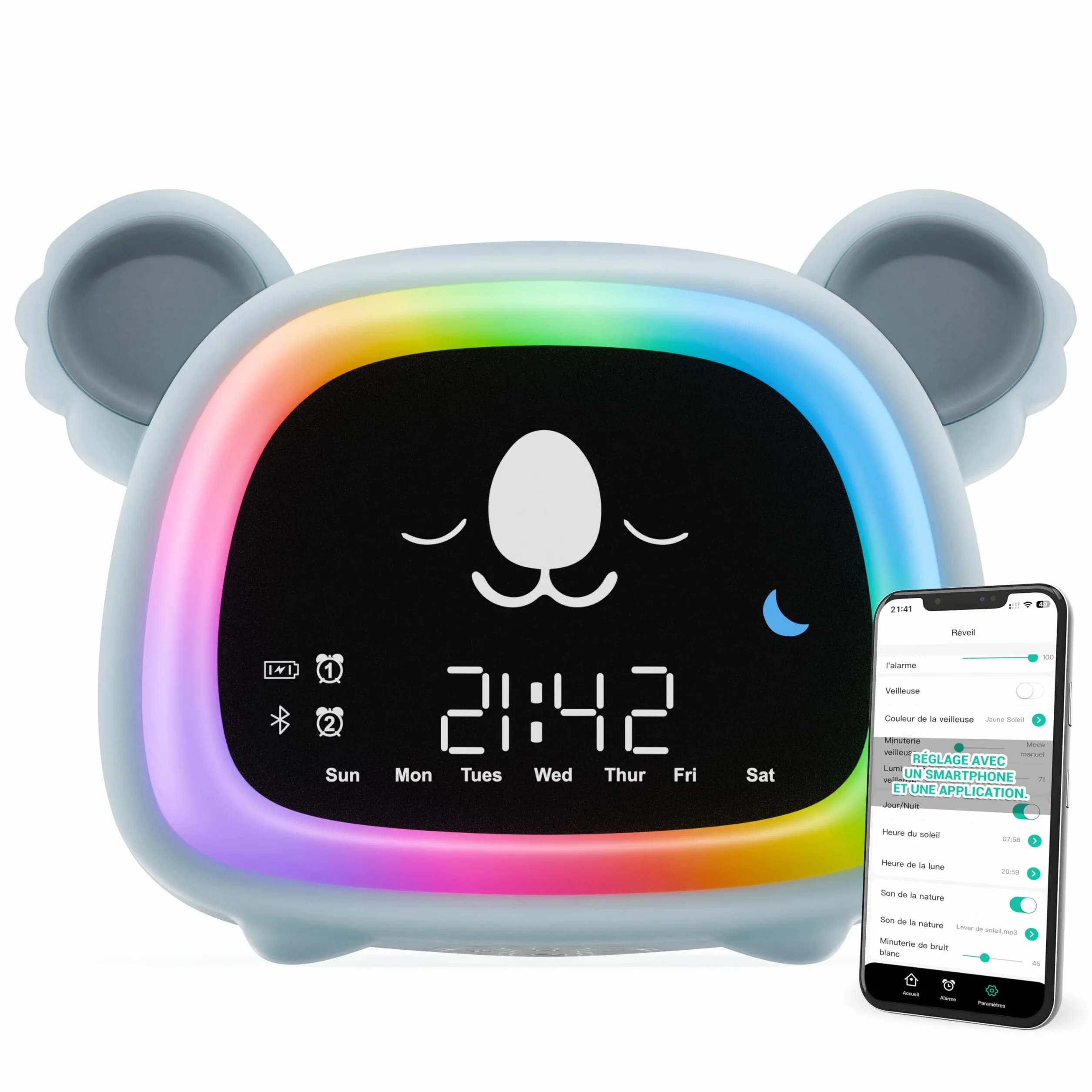 OCTAV Réveil Enfant Éducatif Bluetooth Musical Son Naturel Veilleuse LED Rechargeable Apprentissage Sommeil Soleil Lune