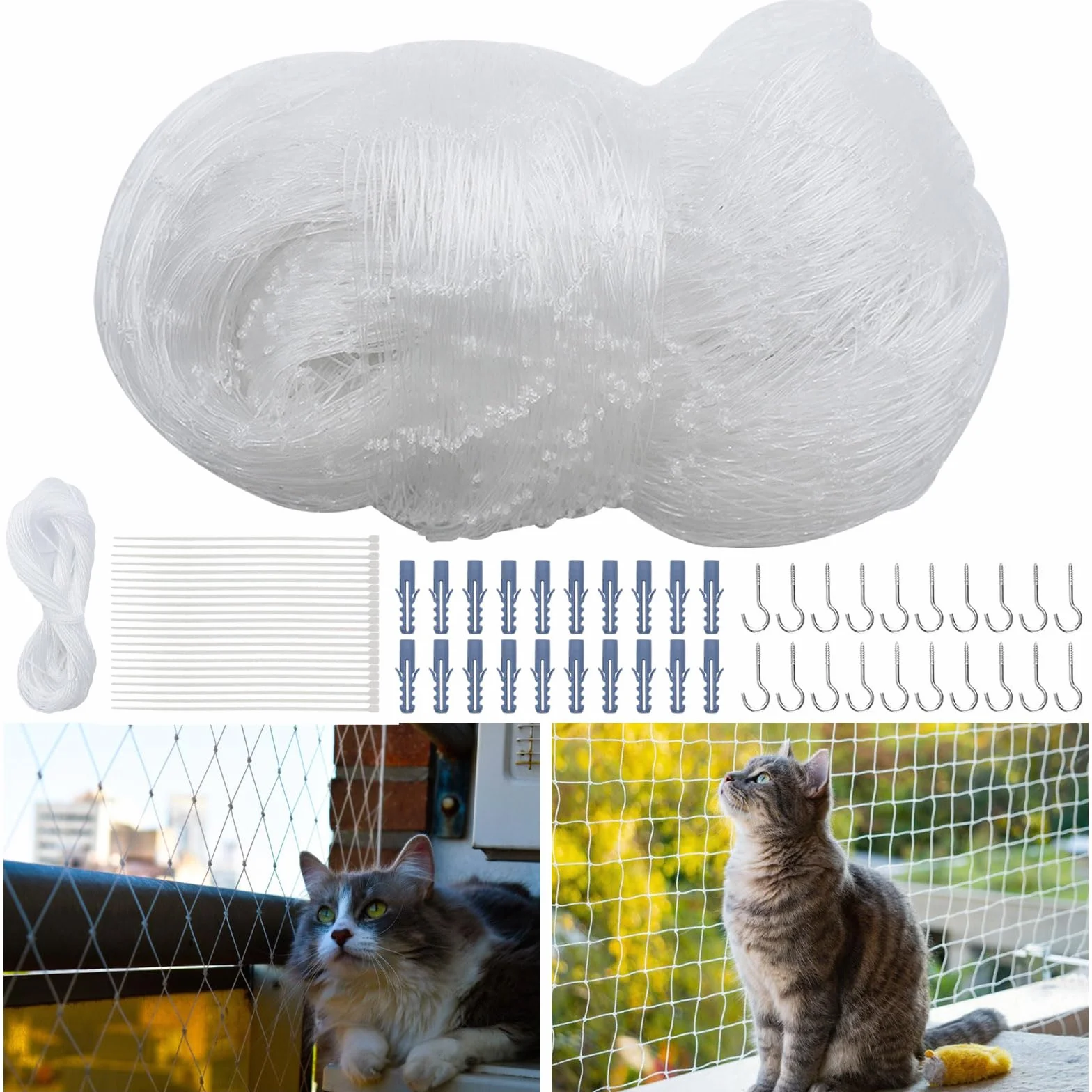 Filet de Protection Chat Transparent 4x3m Anti-Oiseaux 2,5cm Balcon sans Perçage avec Corde Fixe (Blanc)