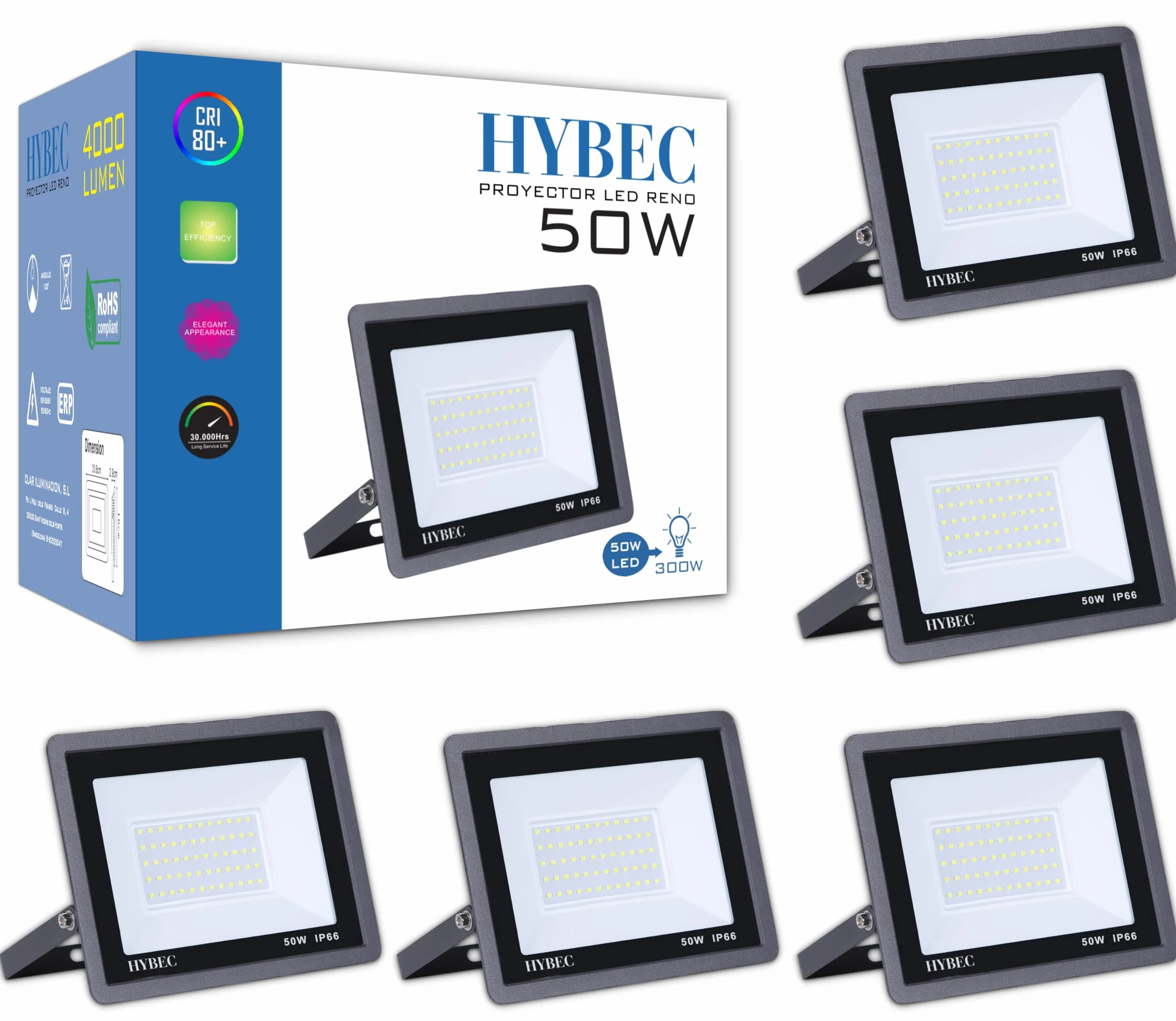 Projecteur LED Extérieur 50W 6000K Pack 5