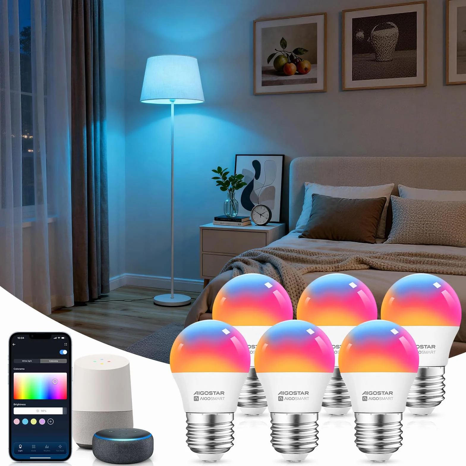 Aigostar Ampoule Connectée Wifi G45 E27 6.5W RGBCW Compatible Alexa Google Home 6 Unités