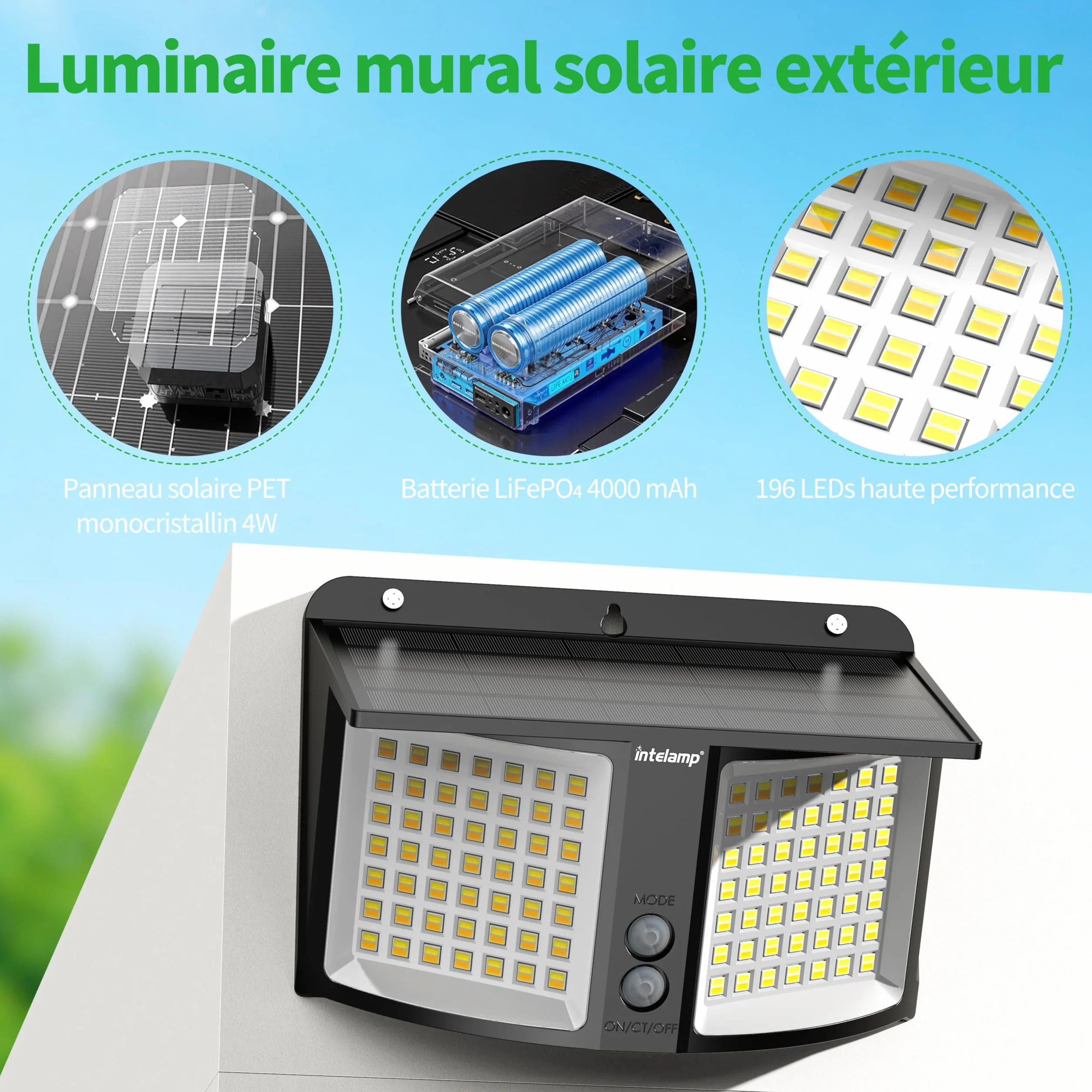 Lampe Solaire Exterieur 4000 mAh Projecteur avec Capteur Radar 180° 3 Températures de Couleur