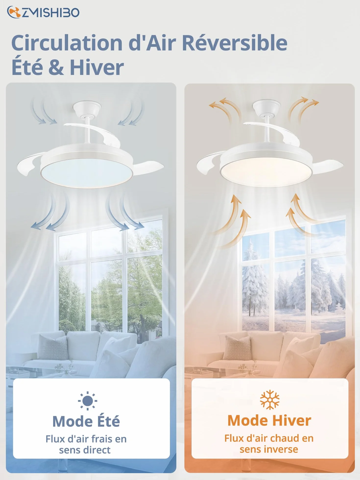 ZMISHIBO Ventilateur de Plafond avec Lumière 107cm, Moteur DC Silencieux, 3000~6000K, 6 Vitesses, Télécommande + APP