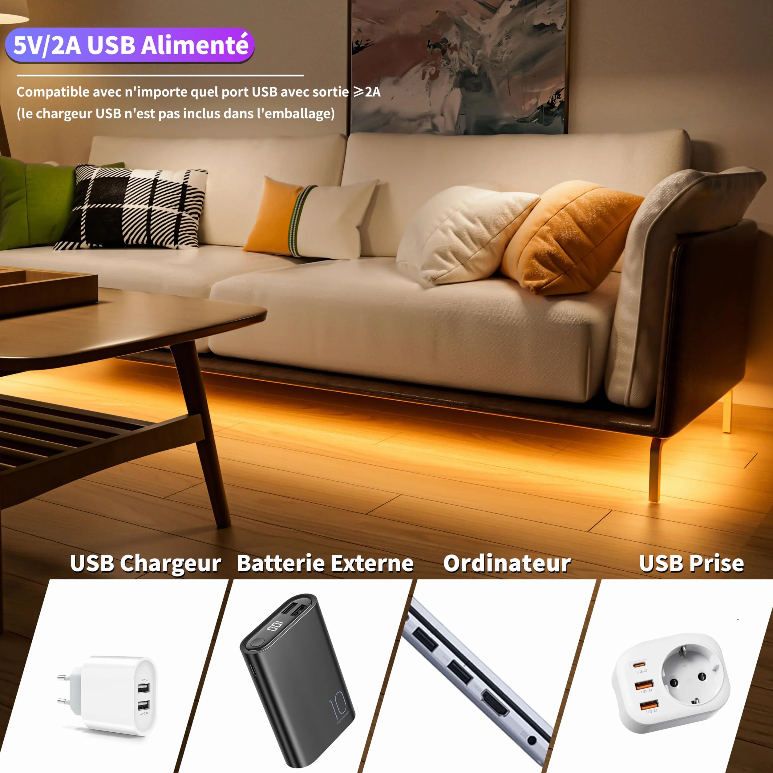 OULARA USB Bande LED COB 5V Chaud Blanc 2700K 1M Dimmable 320LEDs Ruban Lumineux LED Flexible Découpable TV Rétroéclairage